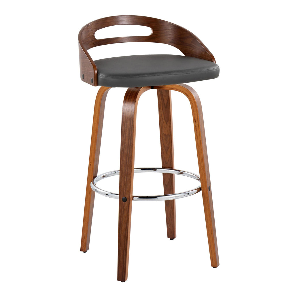Cassis 30" Fixed-Height Barstool - Set of 2 - Walnut Wood, Grey PU, Chrome Metal