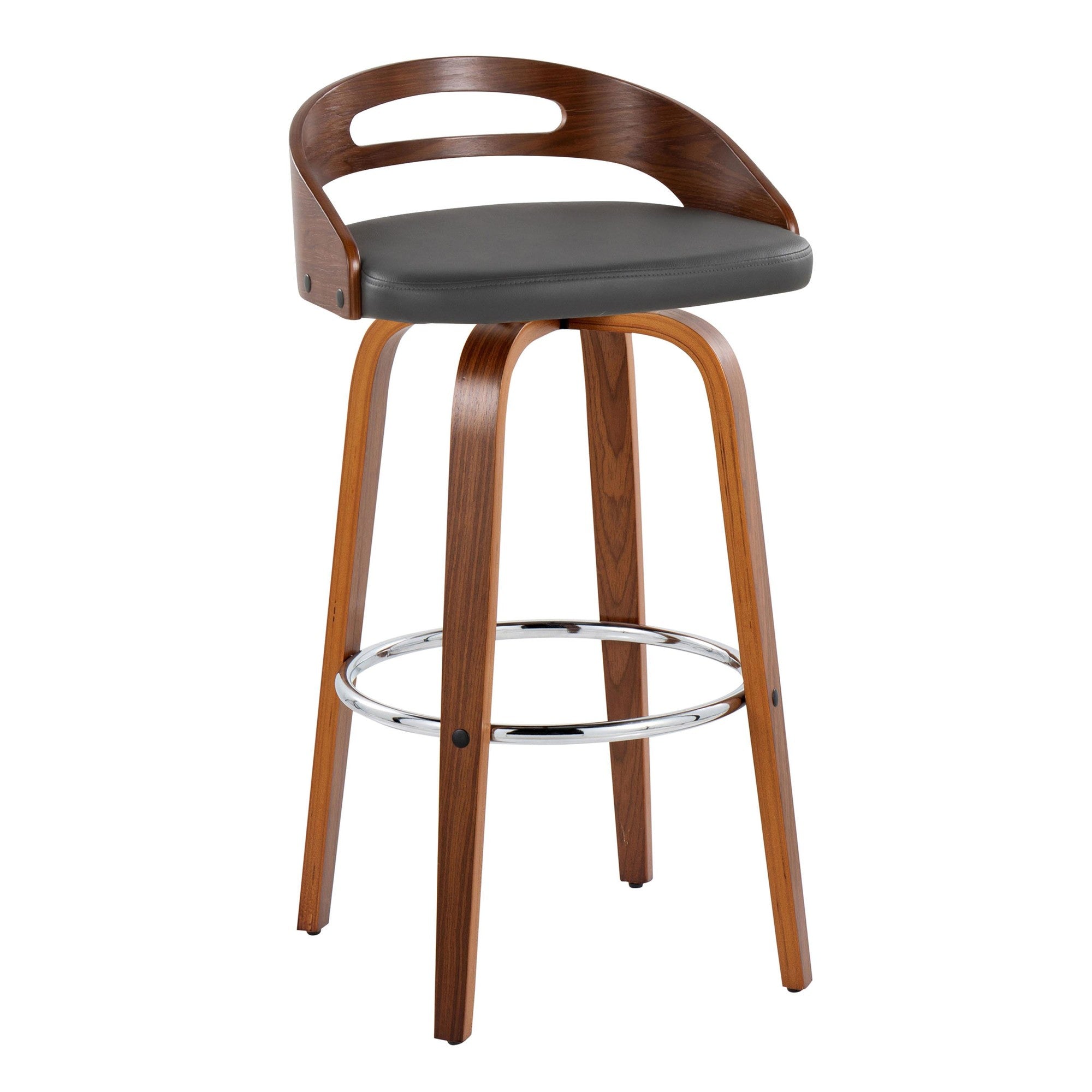 Cassis 30" Fixed-Height Barstool - Set of 2 - Walnut Wood, Grey PU, Chrome Metal