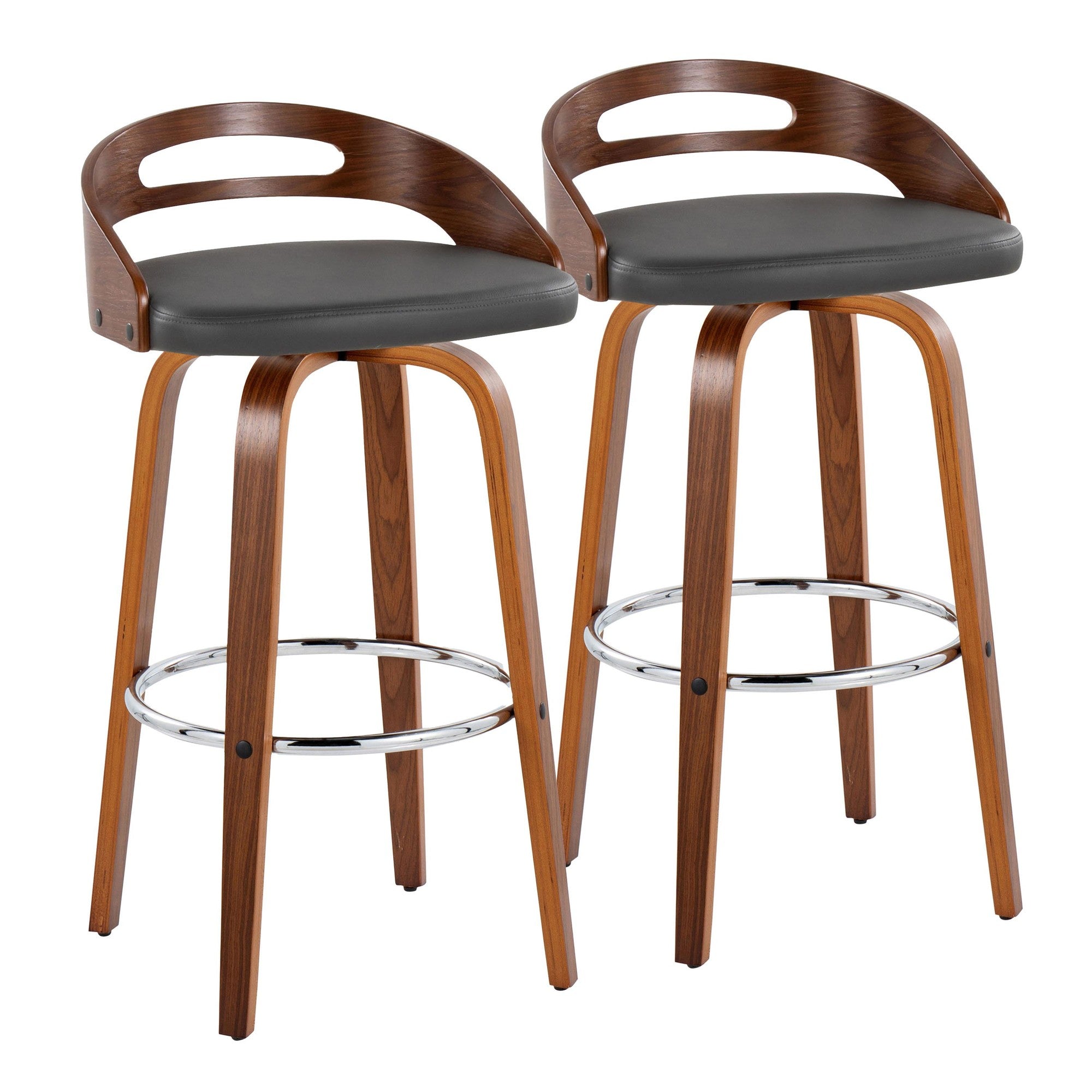 Cassis 30" Fixed-Height Barstool - Set of 2 - Walnut Wood, Grey PU, Chrome Metal