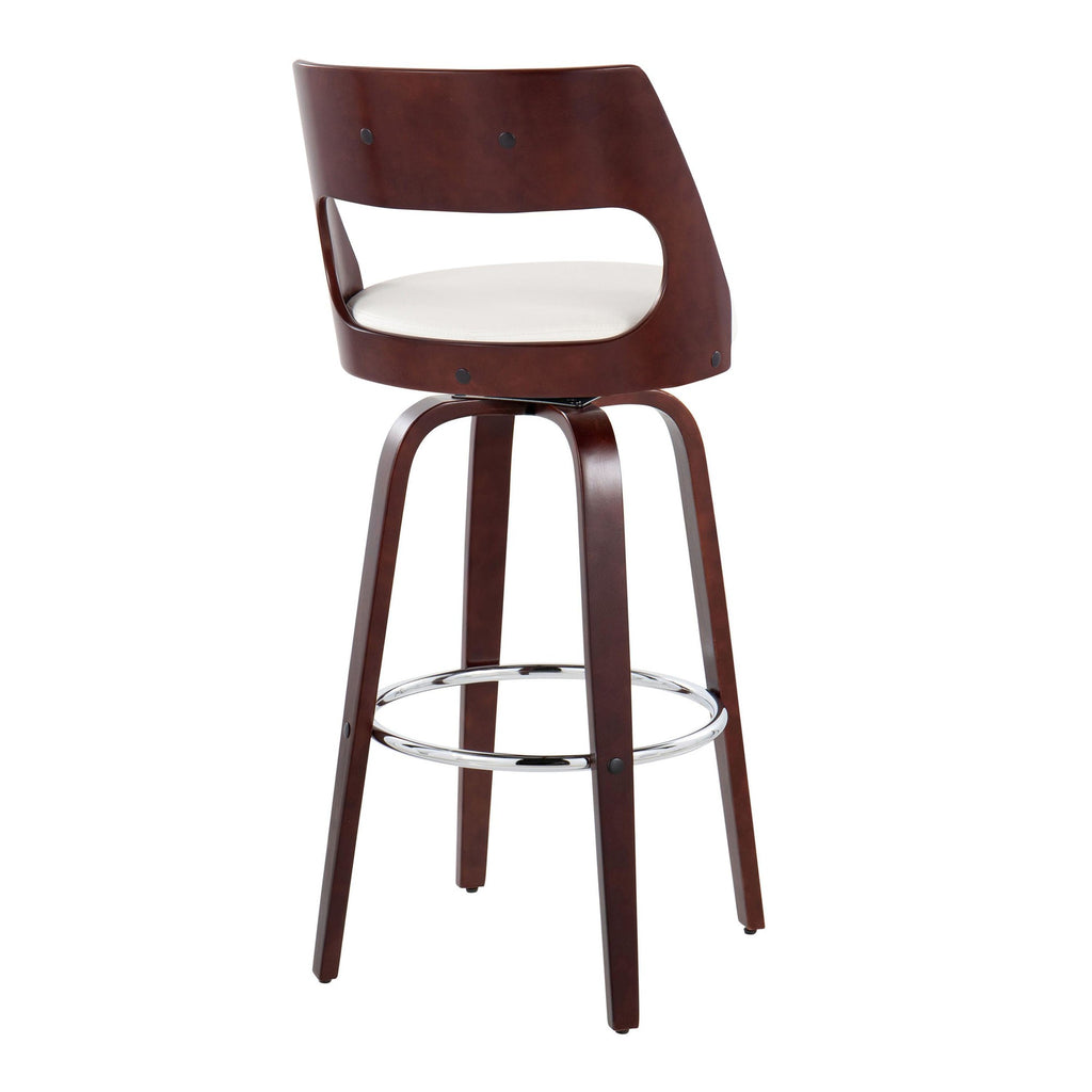 Cecina 30'' Fixed-Height Barstool - Set of 2 - Mahogany Wood, Chrome Metal, White PU