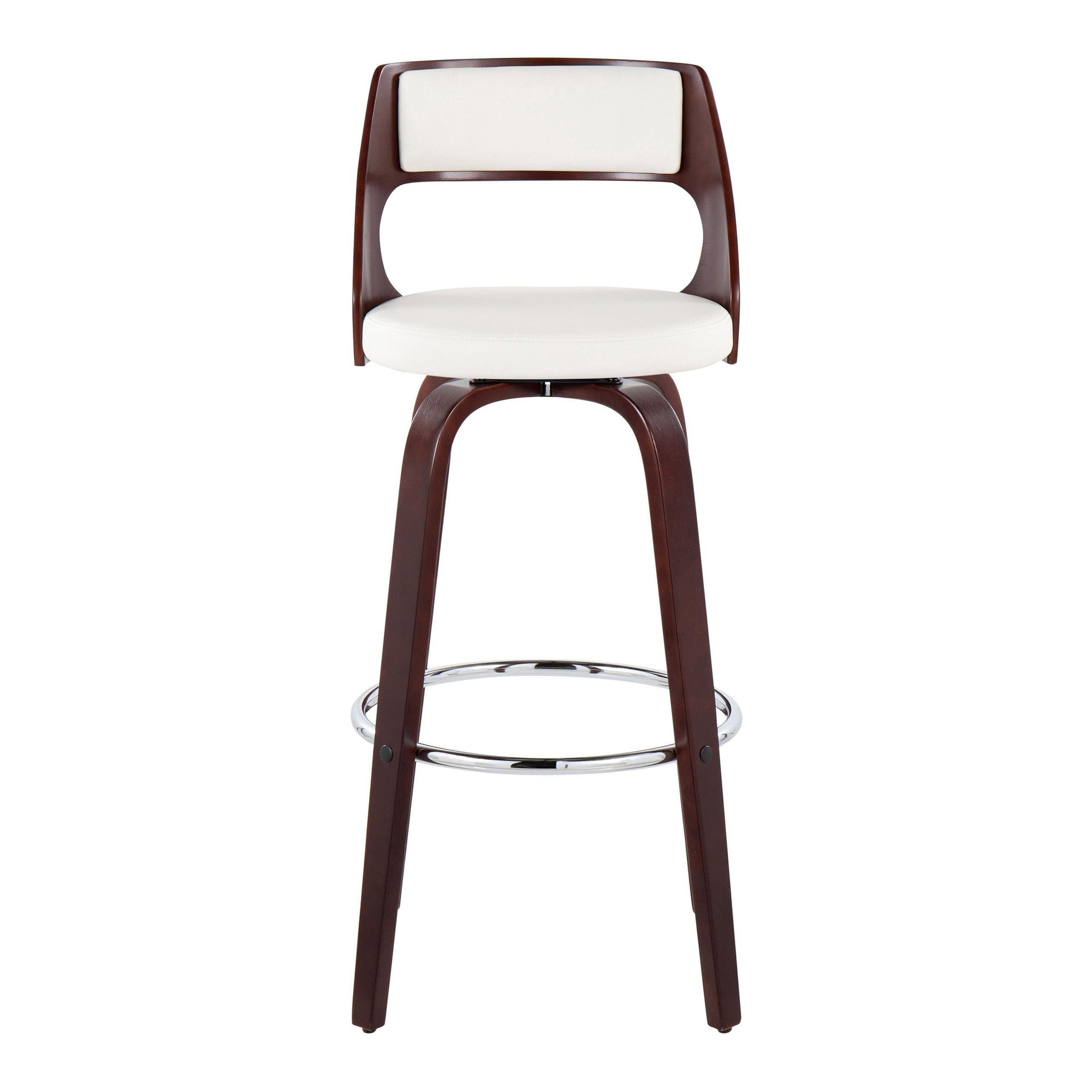 Cecina 30'' Fixed-Height Barstool - Set of 2 - Mahogany Wood, Chrome Metal, White PU