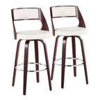 Cecina 30'' Fixed-Height Barstool - Set of 2 - Mahogany Wood, Chrome Metal, White PU