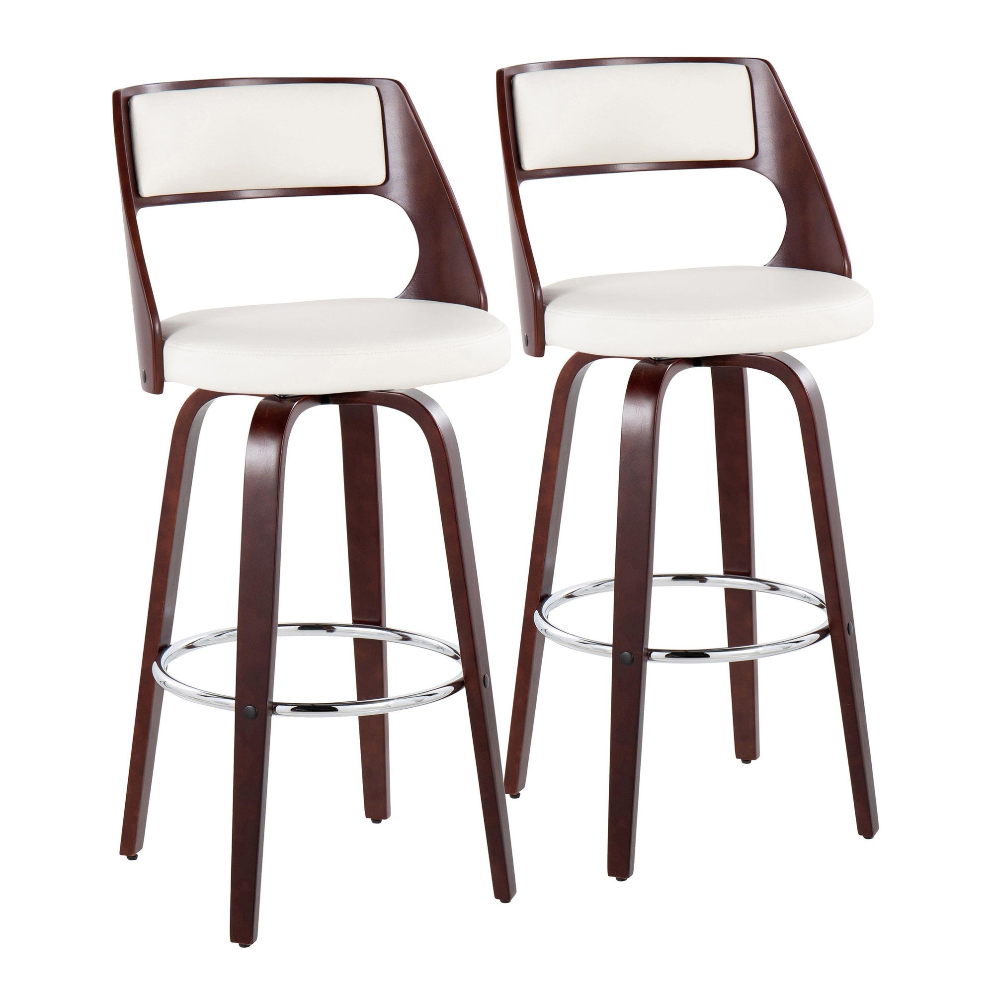 Cecina 30'' Fixed-Height Barstool - Set of 2 - Mahogany Wood, Chrome Metal, White PU