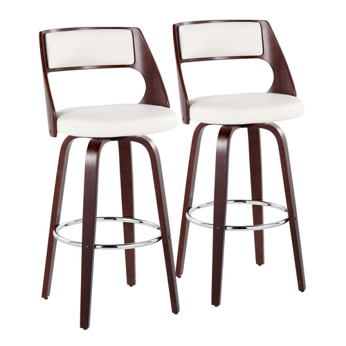 Cecina 30'' Fixed-Height Barstool - Set of 2 - Mahogany Wood, Chrome Metal, White PU