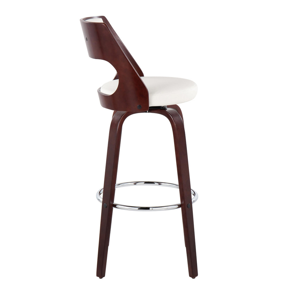 Cecina 30'' Fixed-Height Barstool - Set of 2 - Mahogany Wood, Chrome Metal, White PU