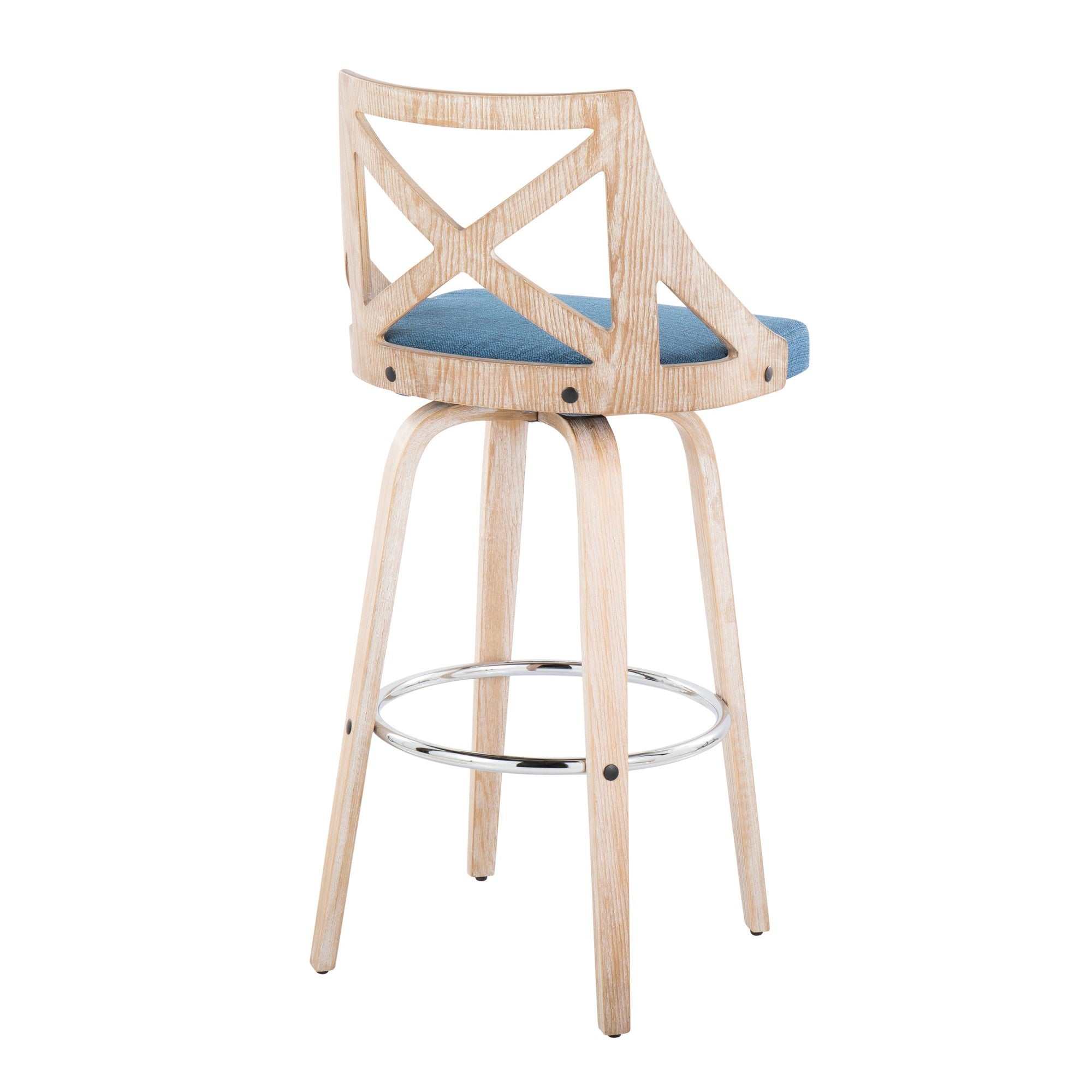 Charlotte 30" Fixed-Height Barstool - Set of 2 - Whitewashed Wood, Chrome Metal, Blue Fabric