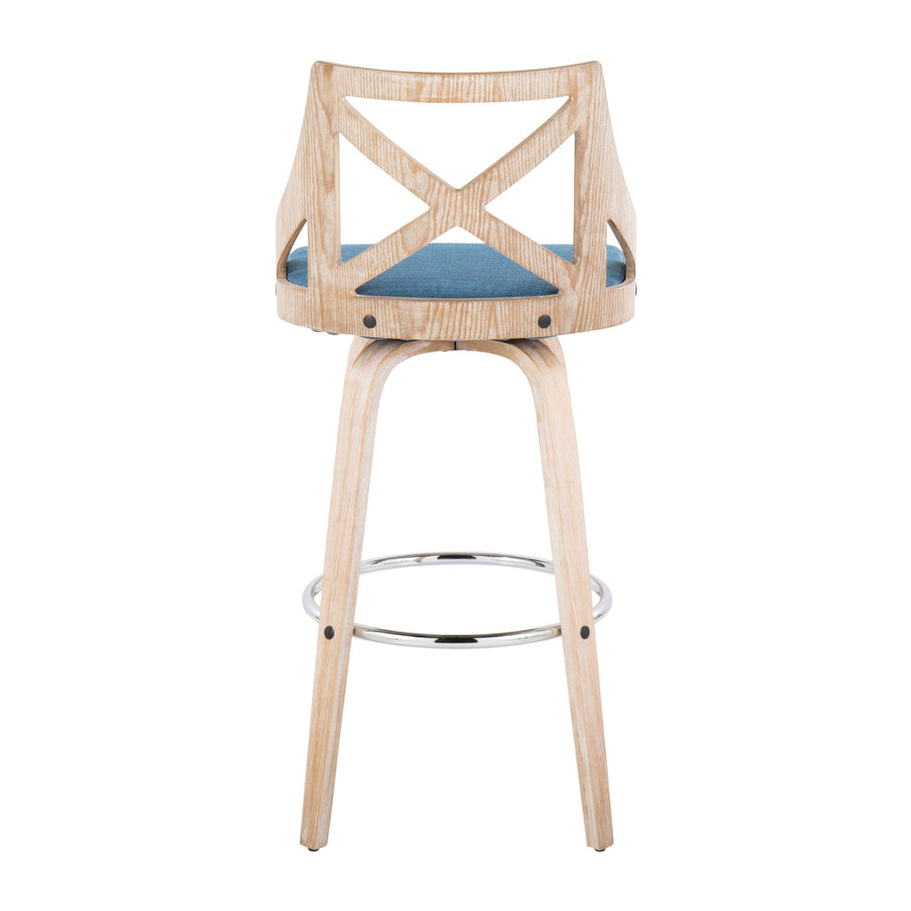 Charlotte 30" Fixed-Height Barstool - Set of 2 - Whitewashed Wood, Chrome Metal, Blue Fabric