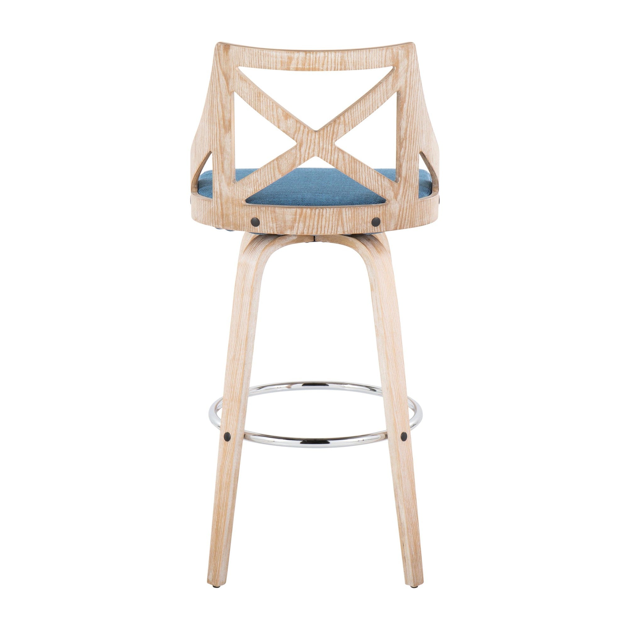 Charlotte 30" Fixed-Height Barstool - Set of 2 - Whitewashed Wood, Chrome Metal, Blue Fabric