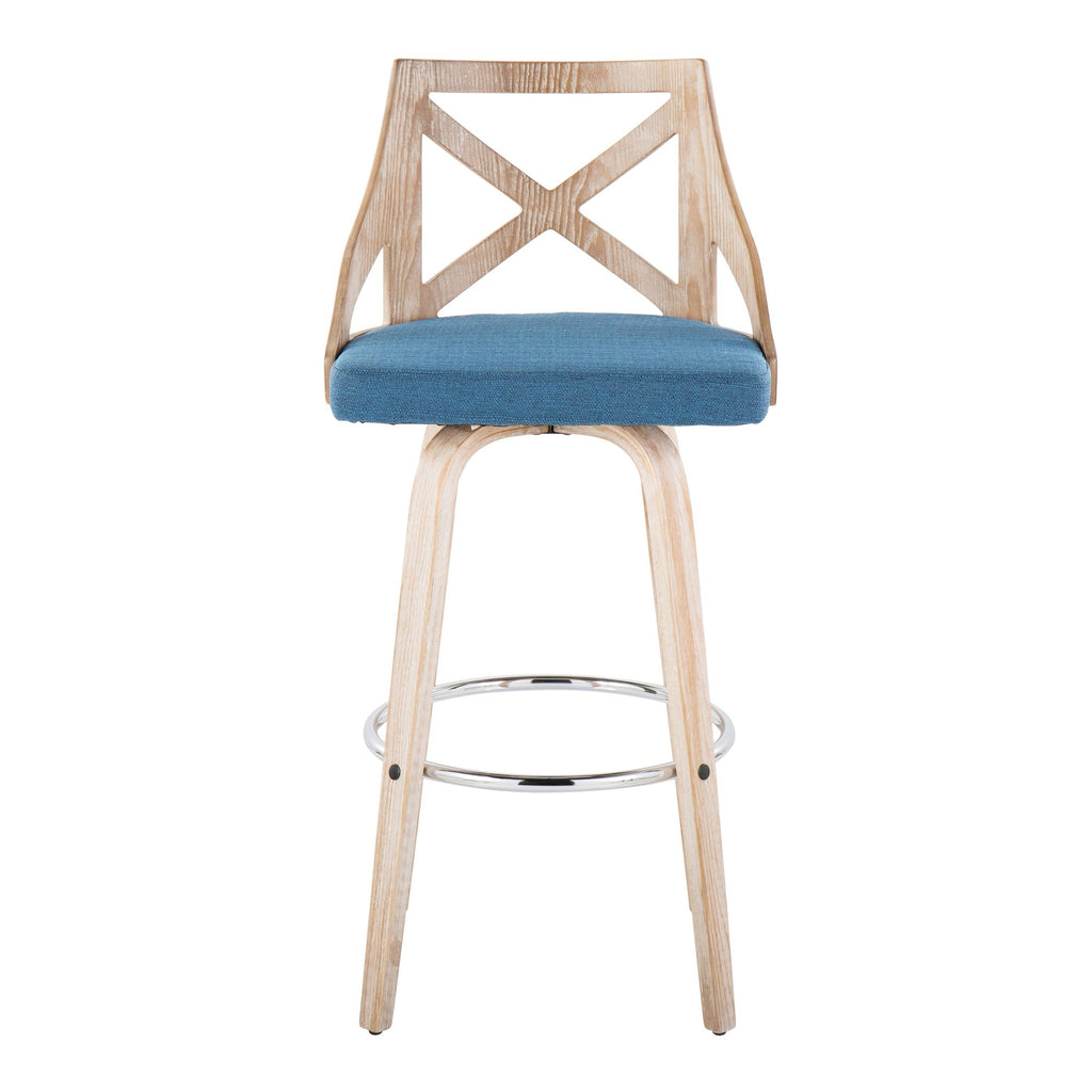 Charlotte 30" Fixed-Height Barstool - Set of 2 - Whitewashed Wood, Chrome Metal, Blue Fabric
