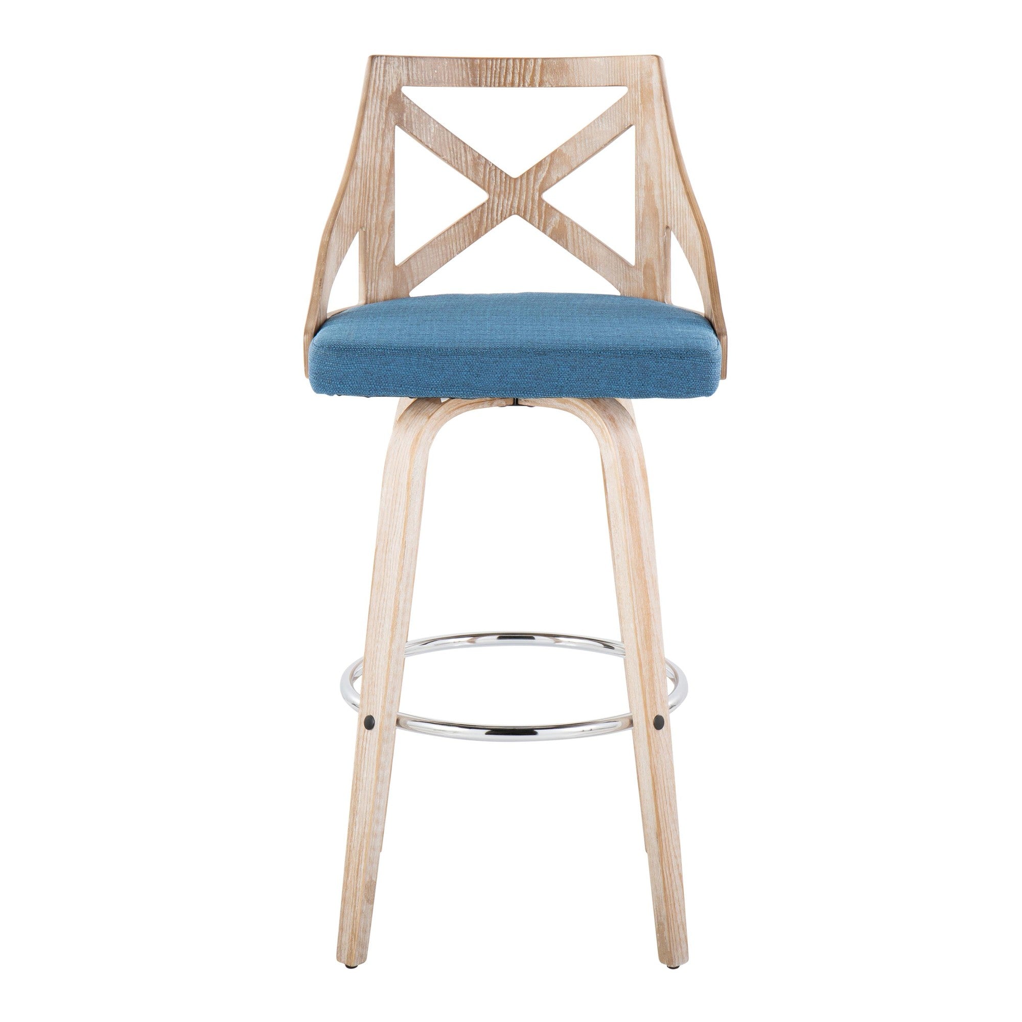 Charlotte 30" Fixed-Height Barstool - Set of 2 - Whitewashed Wood, Chrome Metal, Blue Fabric