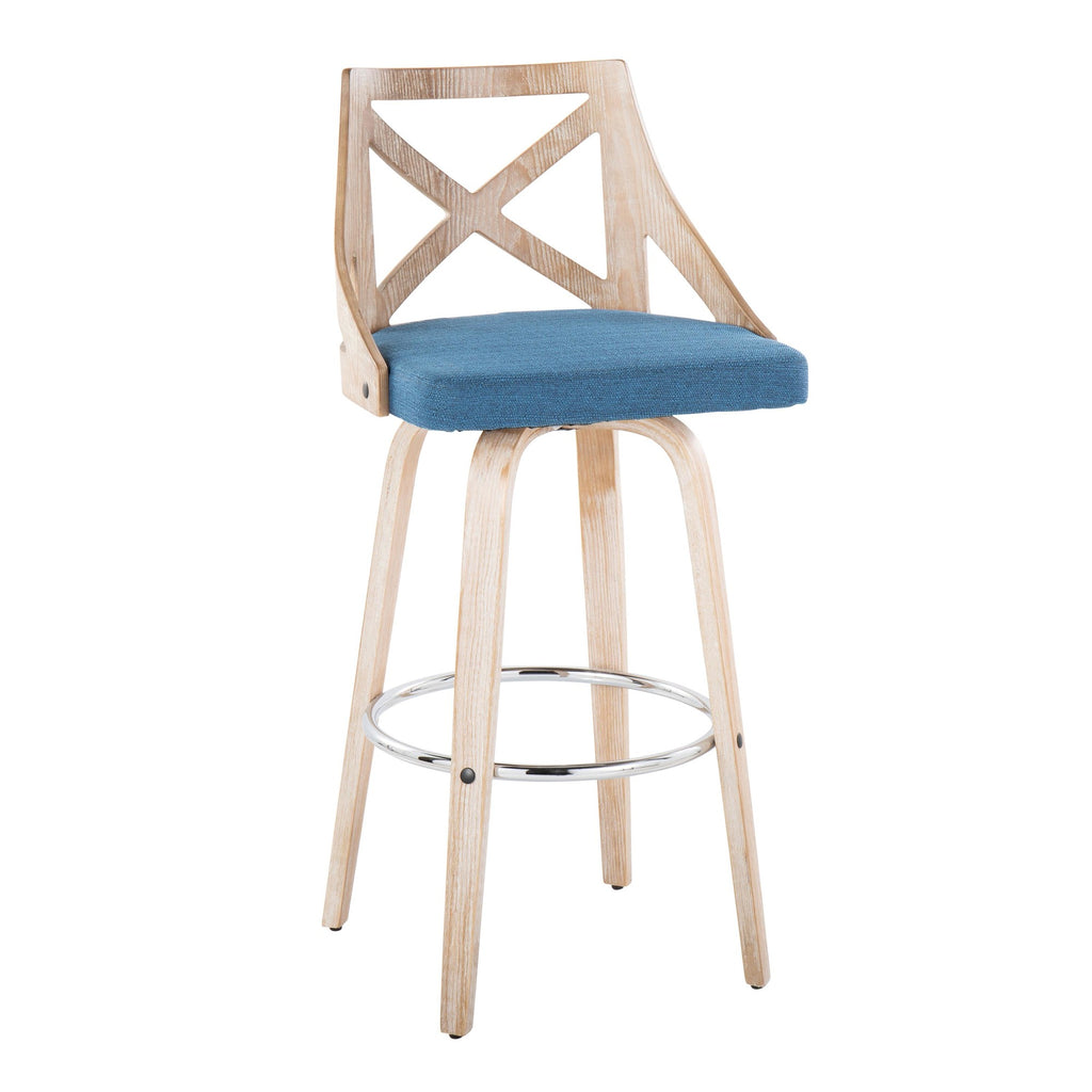 Charlotte 30" Fixed-Height Barstool - Set of 2 - Whitewashed Wood, Chrome Metal, Blue Fabric