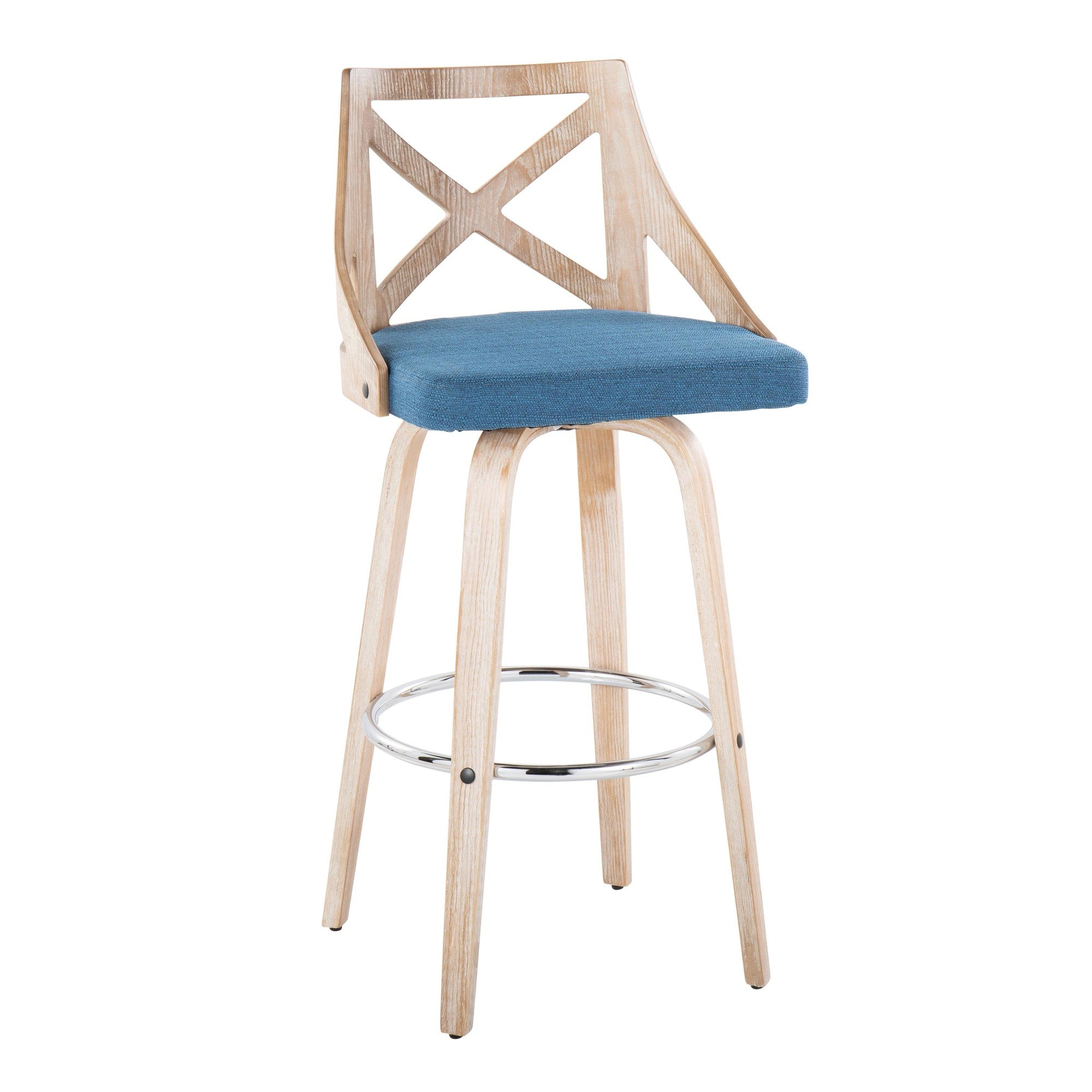 Charlotte 30" Fixed-Height Barstool - Set of 2 - Whitewashed Wood, Chrome Metal, Blue Fabric
