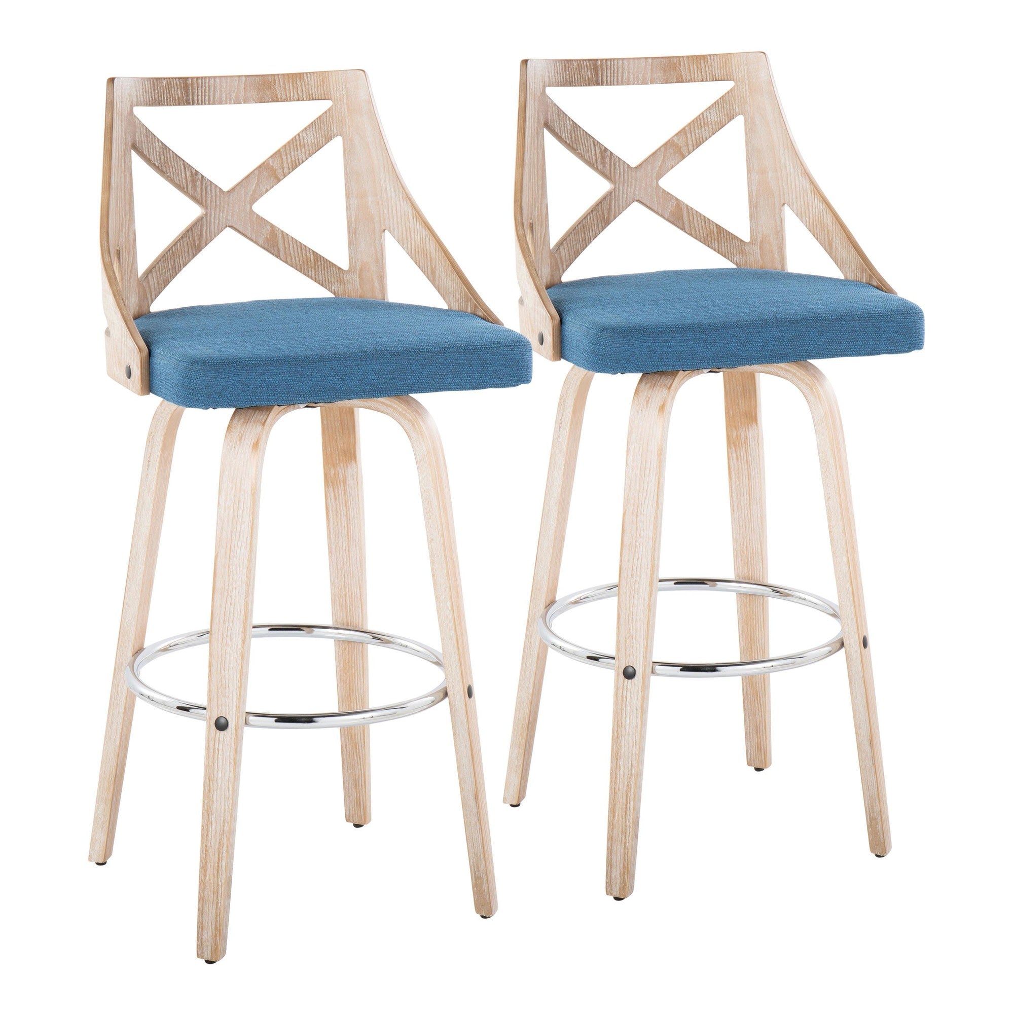 Charlotte 30" Fixed-Height Barstool - Set of 2 - Whitewashed Wood, Chrome Metal, Blue Fabric