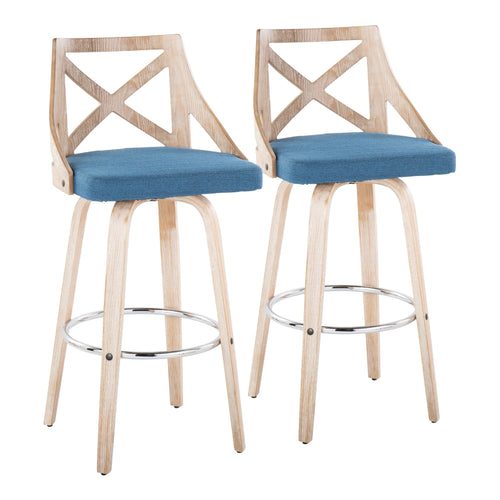 Charlotte 30" Fixed-Height Barstool - Set of 2 - Whitewashed Wood, Chrome Metal, Blue Fabric