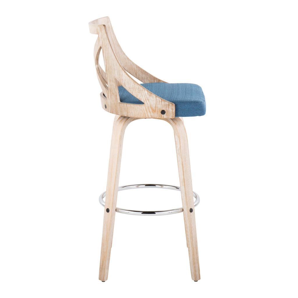 Charlotte 30" Fixed-Height Barstool - Set of 2 - Whitewashed Wood, Chrome Metal, Blue Fabric