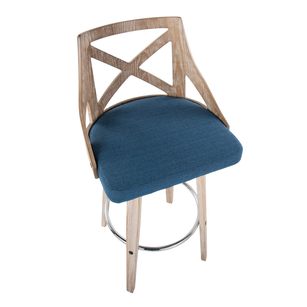 Charlotte 30" Fixed-Height Barstool - Set of 2 - Whitewashed Wood, Chrome Metal, Blue Fabric