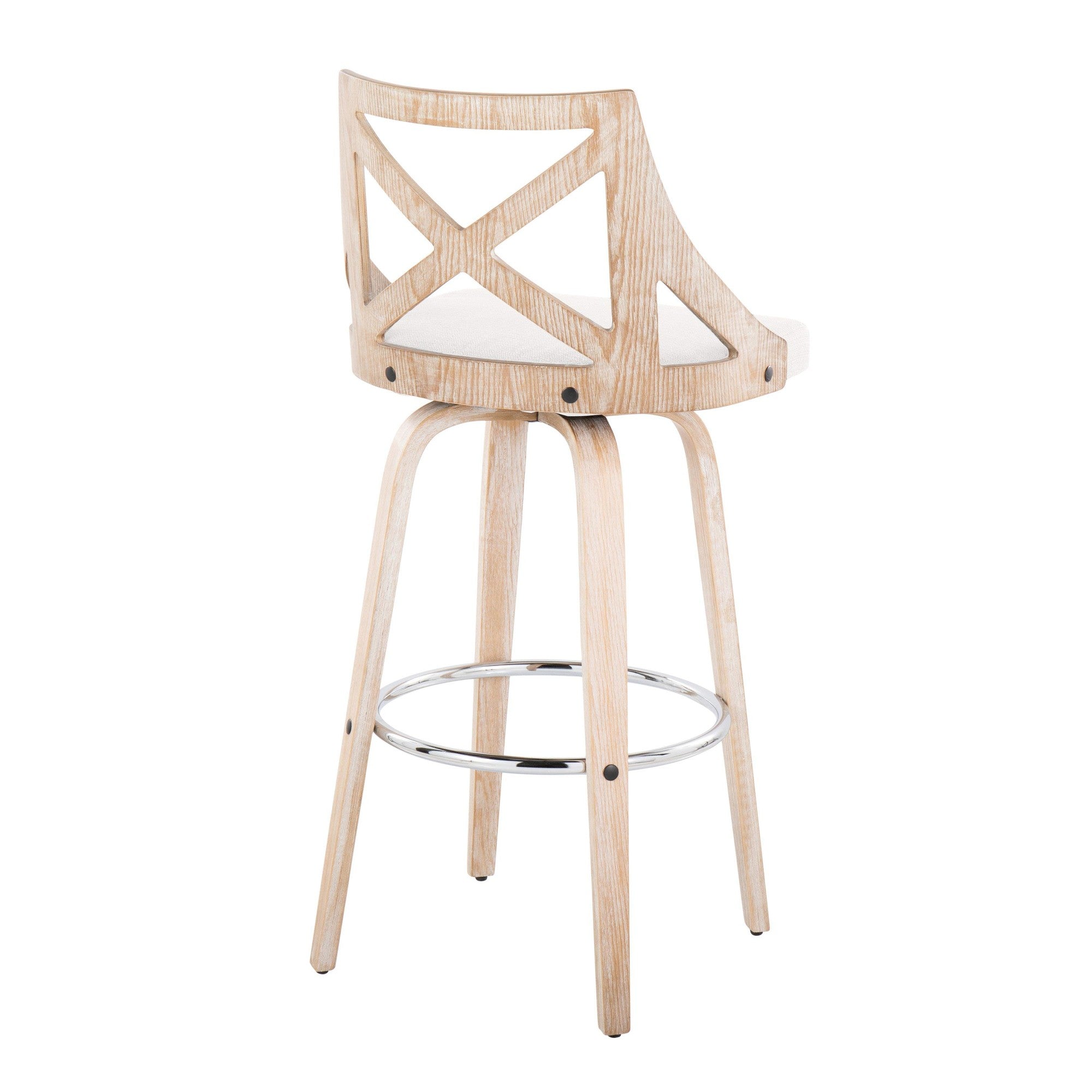 Charlotte 30" Fixed-Height Barstool - Set of 2 - Whitewashed Wood, Chrome Metal, Cream Fabric