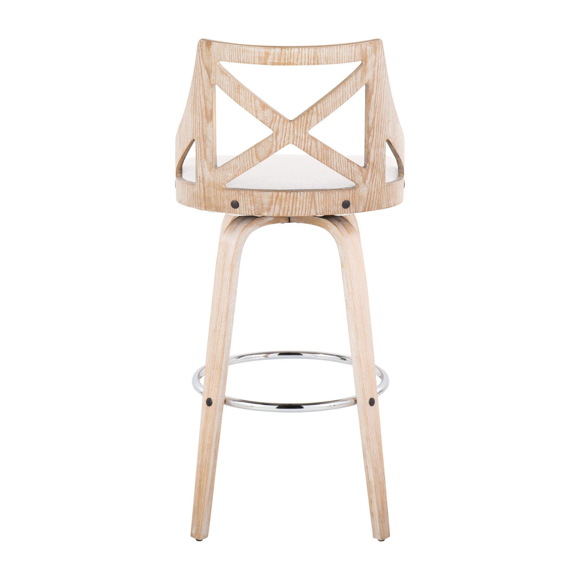 Charlotte 30" Fixed-Height Barstool - Set of 2 - Whitewashed Wood, Chrome Metal, Cream Fabric