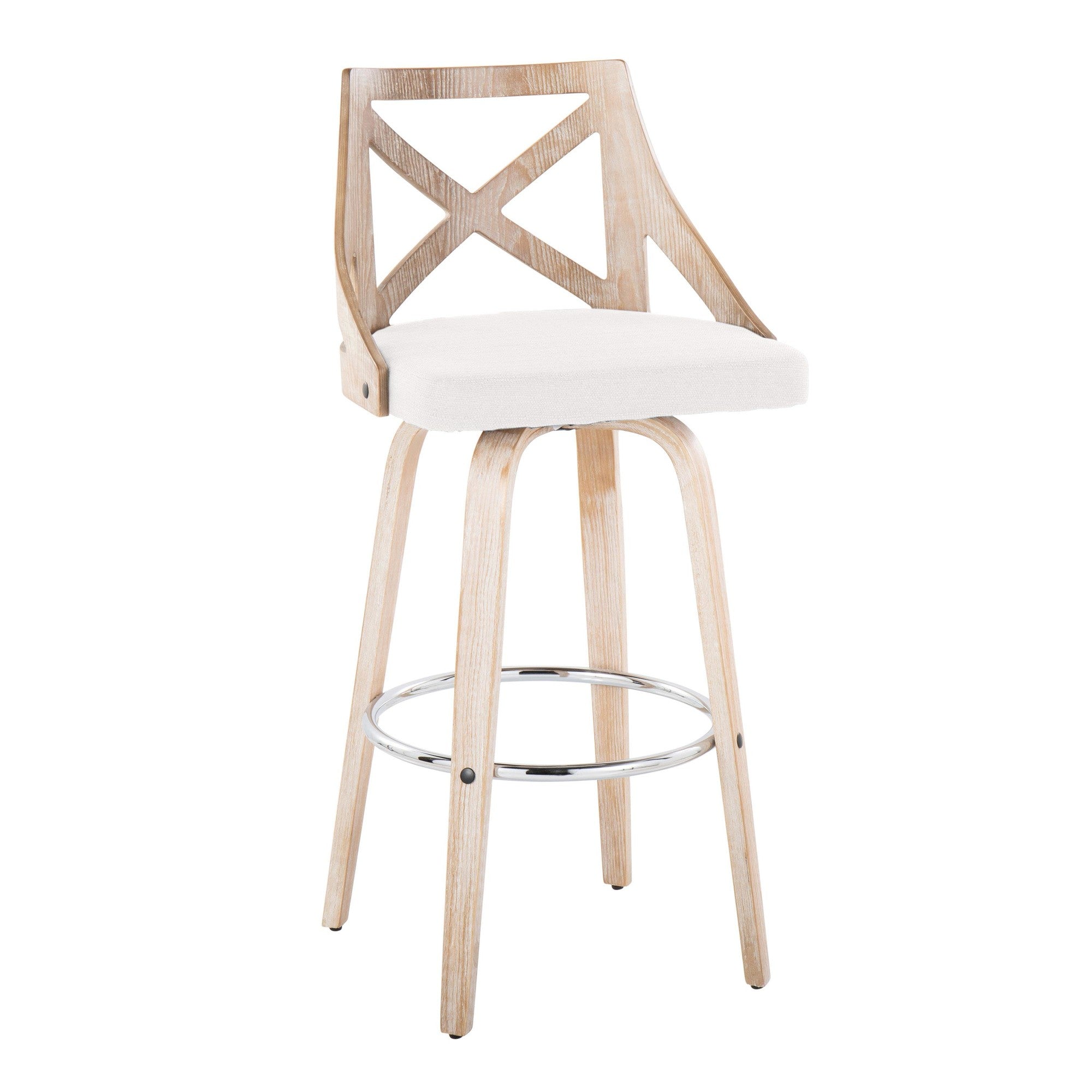 Charlotte 30" Fixed-Height Barstool - Set of 2 - Whitewashed Wood, Chrome Metal, Cream Fabric