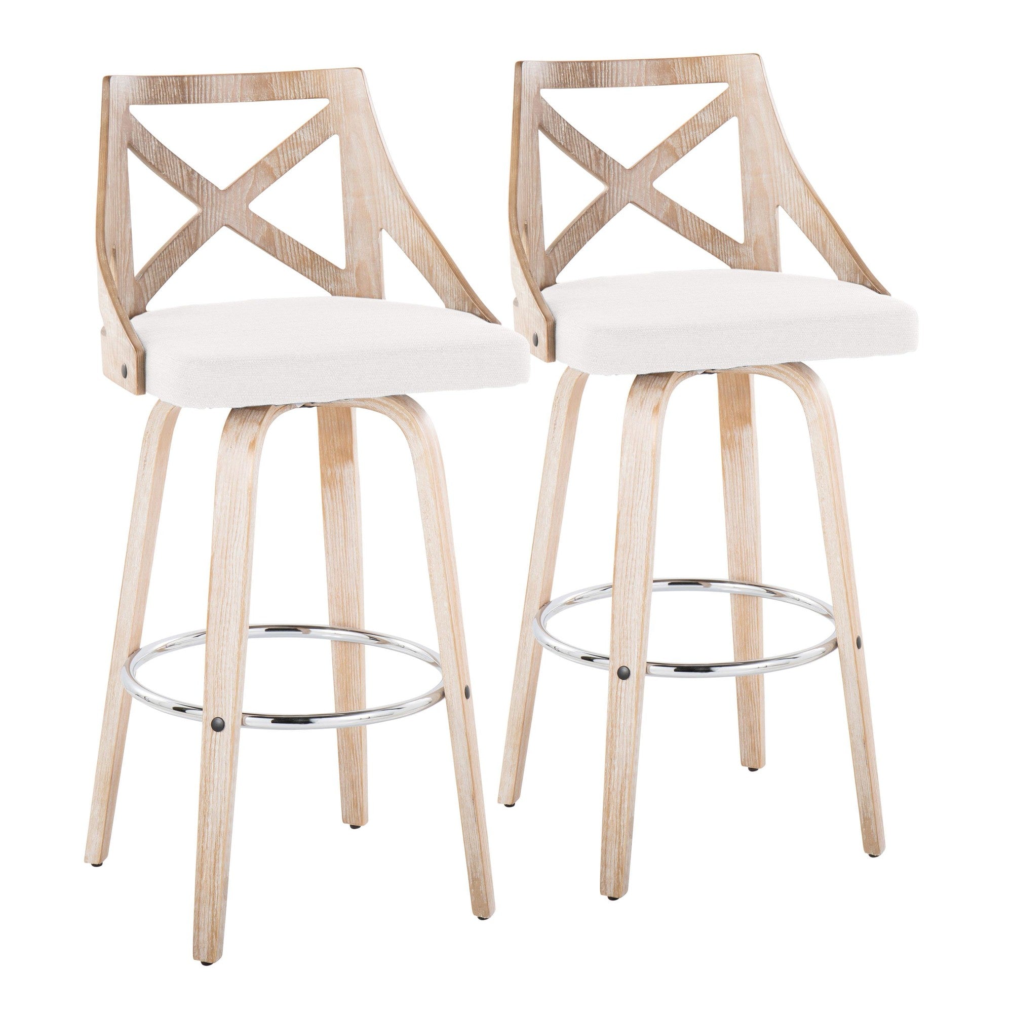 Charlotte 30" Fixed-Height Barstool - Set of 2 - Whitewashed Wood, Chrome Metal, Cream Fabric