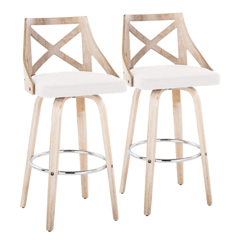 Charlotte 30" Fixed-Height Barstool - Set of 2 - Whitewashed Wood, Chrome Metal, Cream Fabric