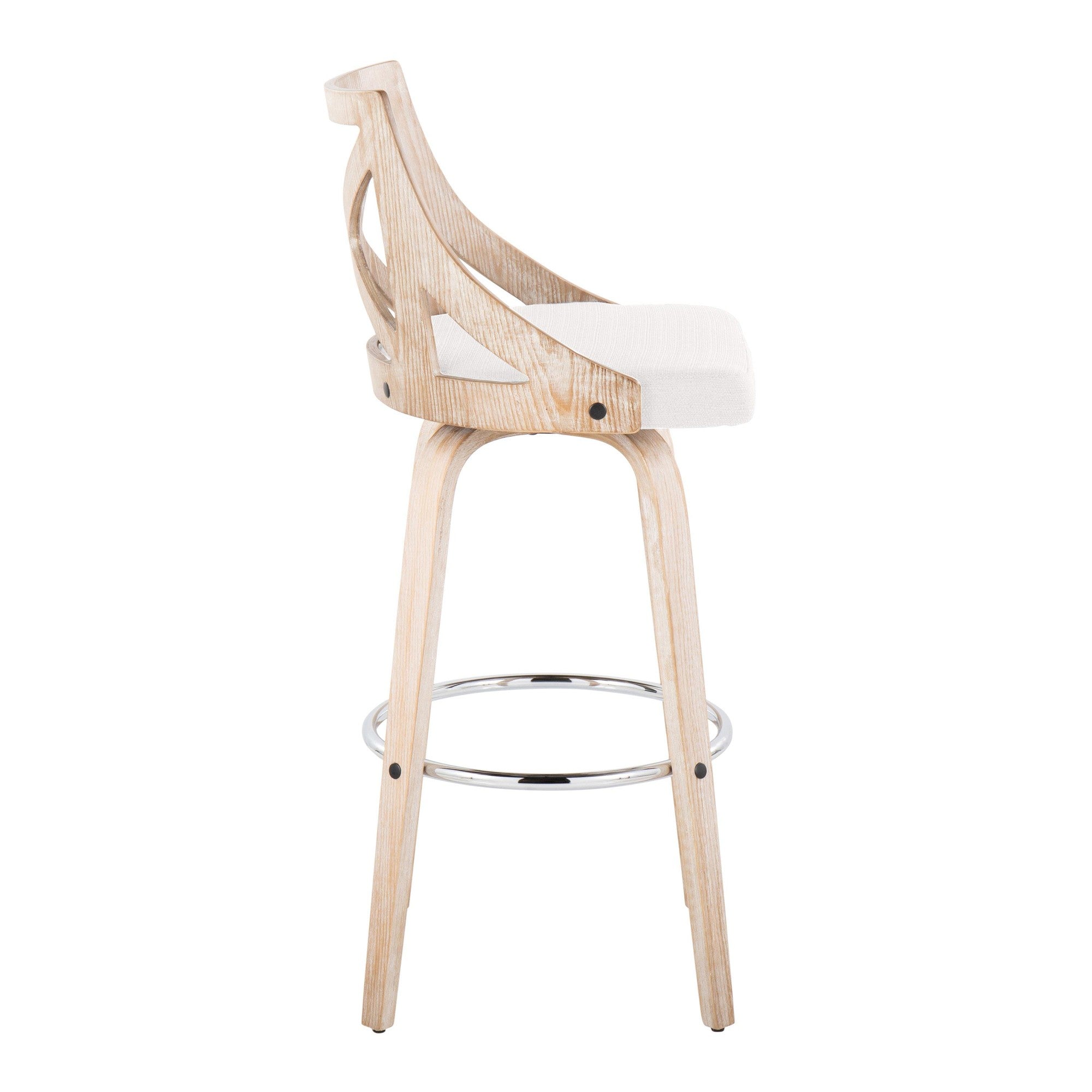 Charlotte 30" Fixed-Height Barstool - Set of 2 - Whitewashed Wood, Chrome Metal, Cream Fabric