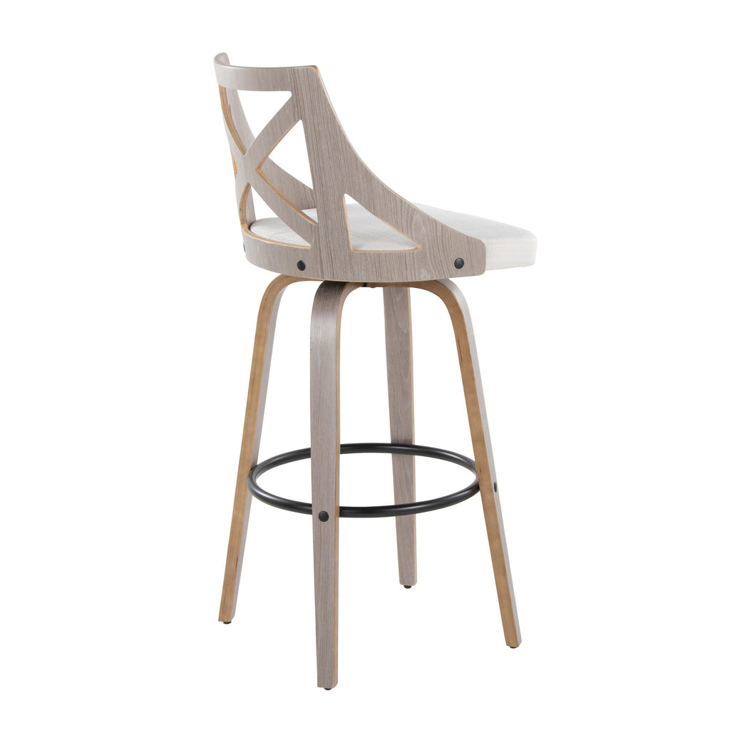 Charlotte 30" Fixed-Height Barstool - Set of 2 - Light Grey Wood, Black Metal, Cream Noise Fabric