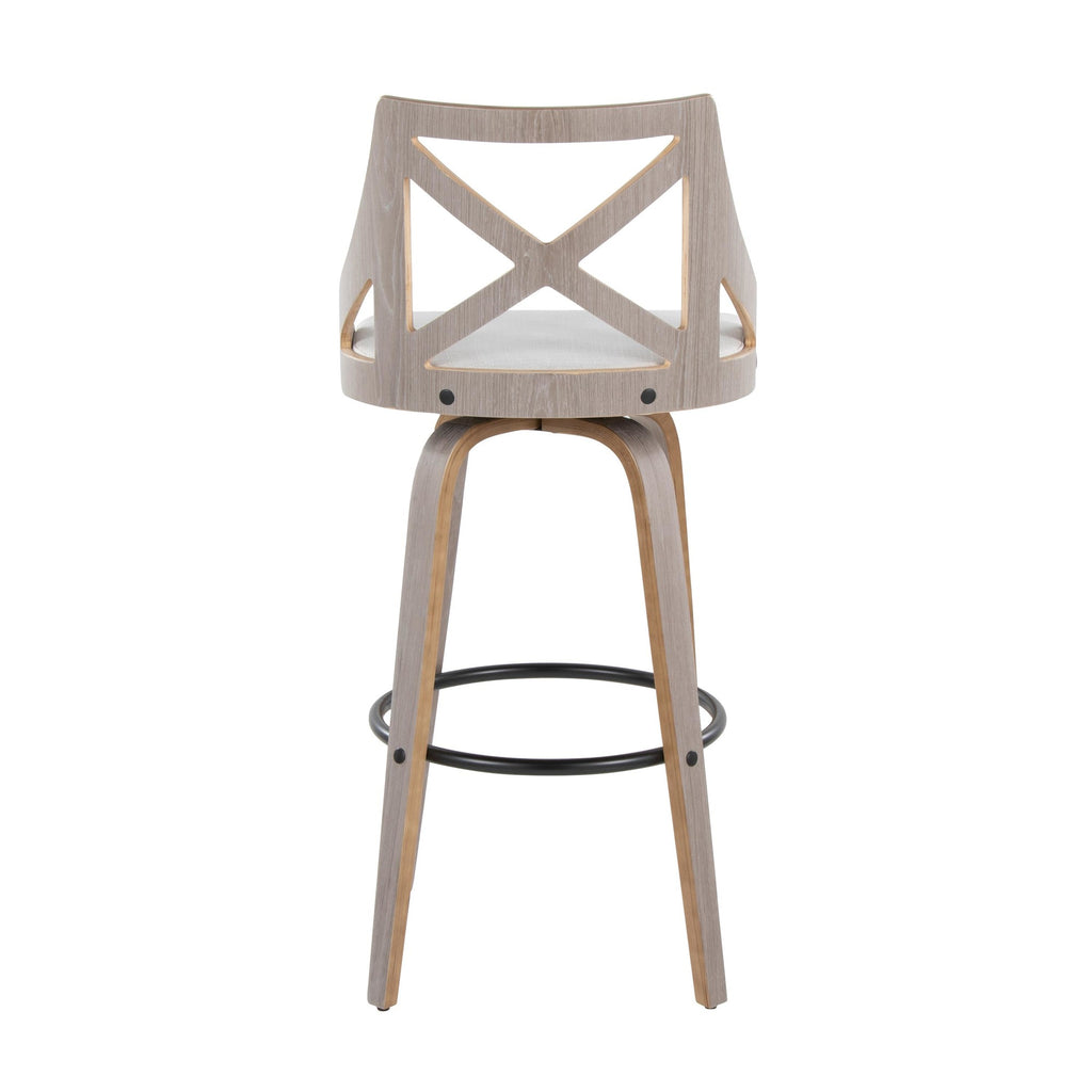 Charlotte 30" Fixed-Height Barstool - Set of 2 - Light Grey Wood, Black Metal, Cream Noise Fabric