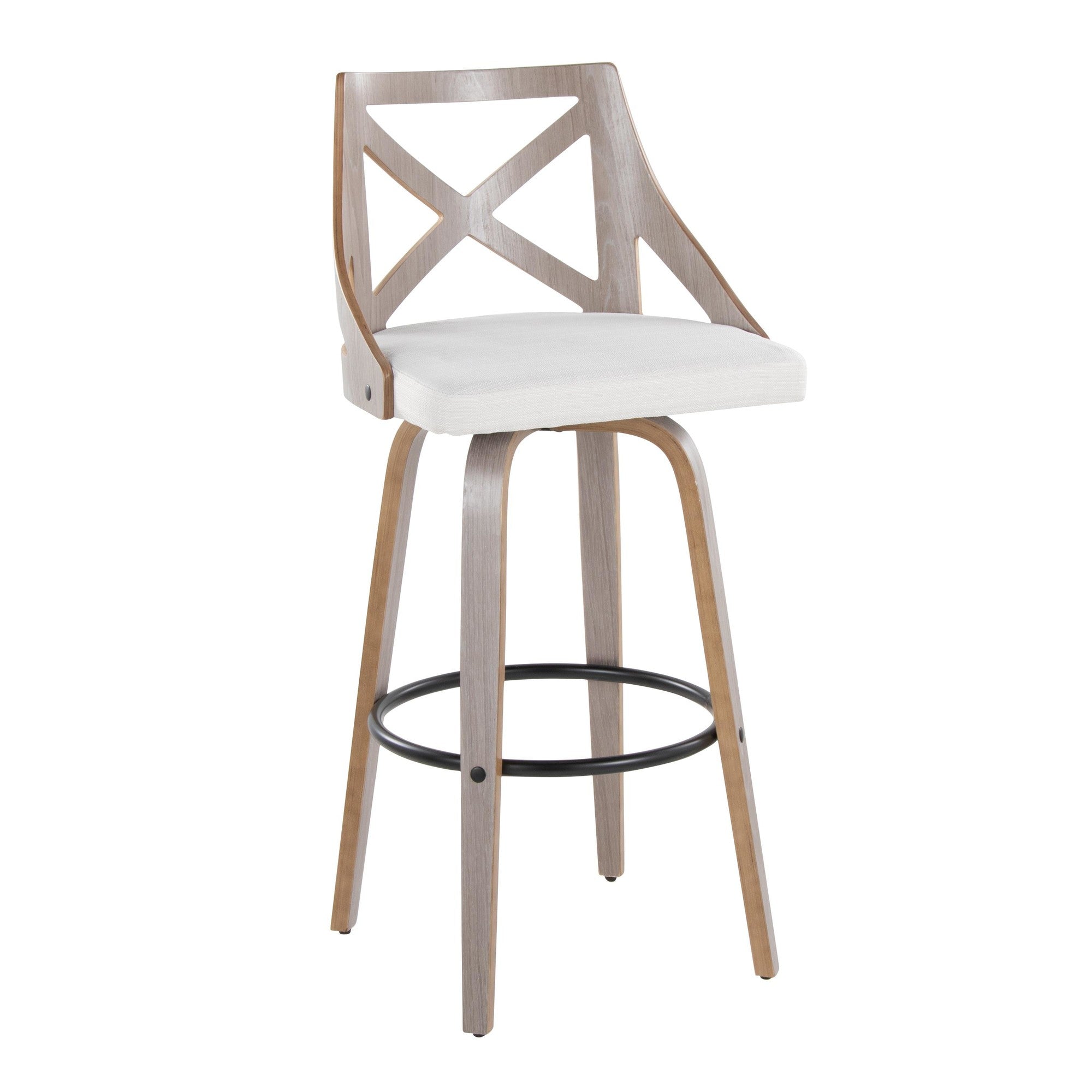 Charlotte 30" Fixed-Height Barstool - Set of 2 - Light Grey Wood, Black Metal, Cream Noise Fabric