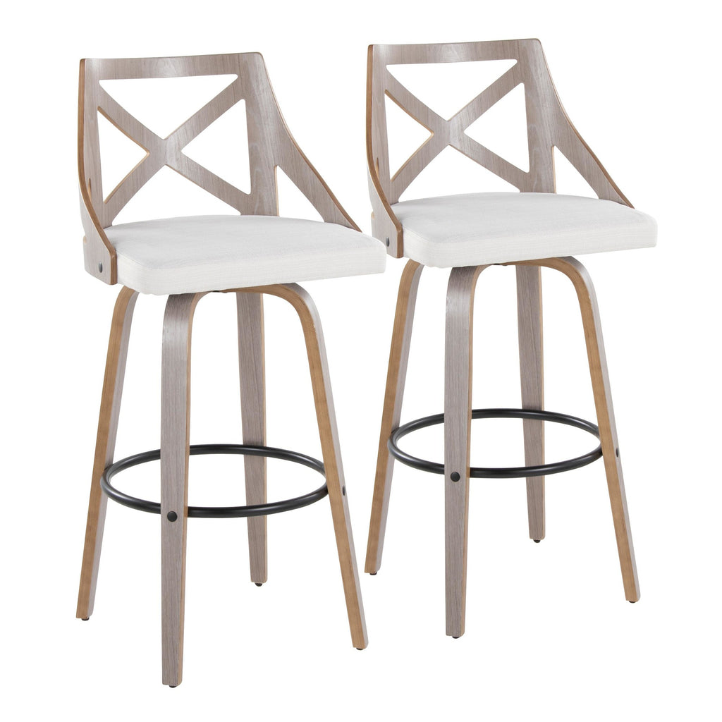 Charlotte 30" Fixed-Height Barstool - Set of 2 - Light Grey Wood, Black Metal, Cream Noise Fabric