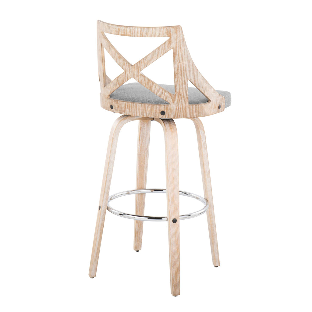 Charlotte 30" Fixed-Height Barstool - Set of 2 - Whitewashed Wood, Chrome Metal, Light Grey Fabric