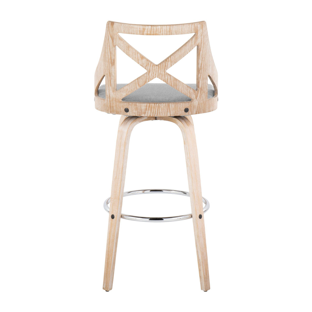 Charlotte 30" Fixed-Height Barstool - Set of 2 - Whitewashed Wood, Chrome Metal, Light Grey Fabric