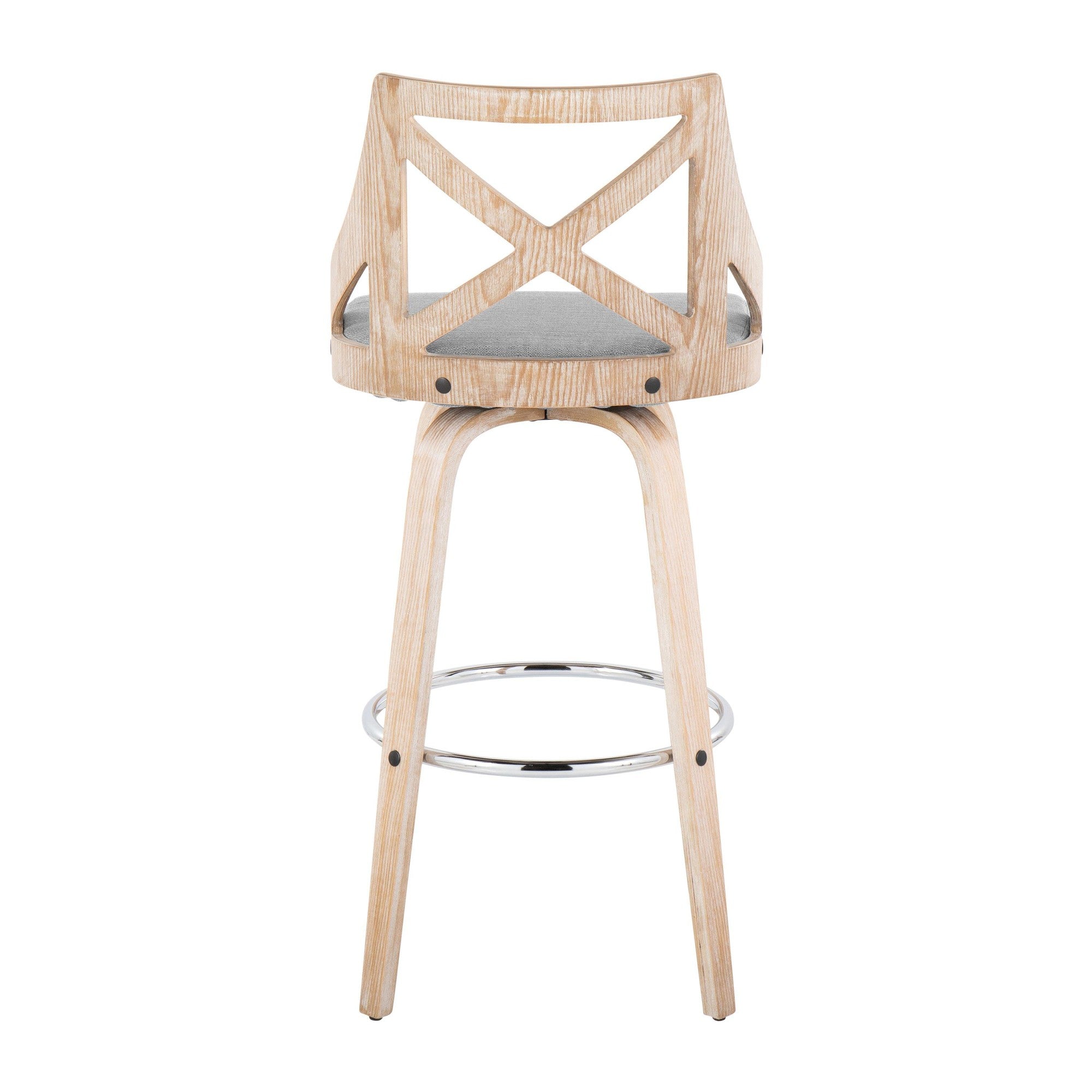 Charlotte 30" Fixed-Height Barstool - Set of 2 - Whitewashed Wood, Chrome Metal, Light Grey Fabric
