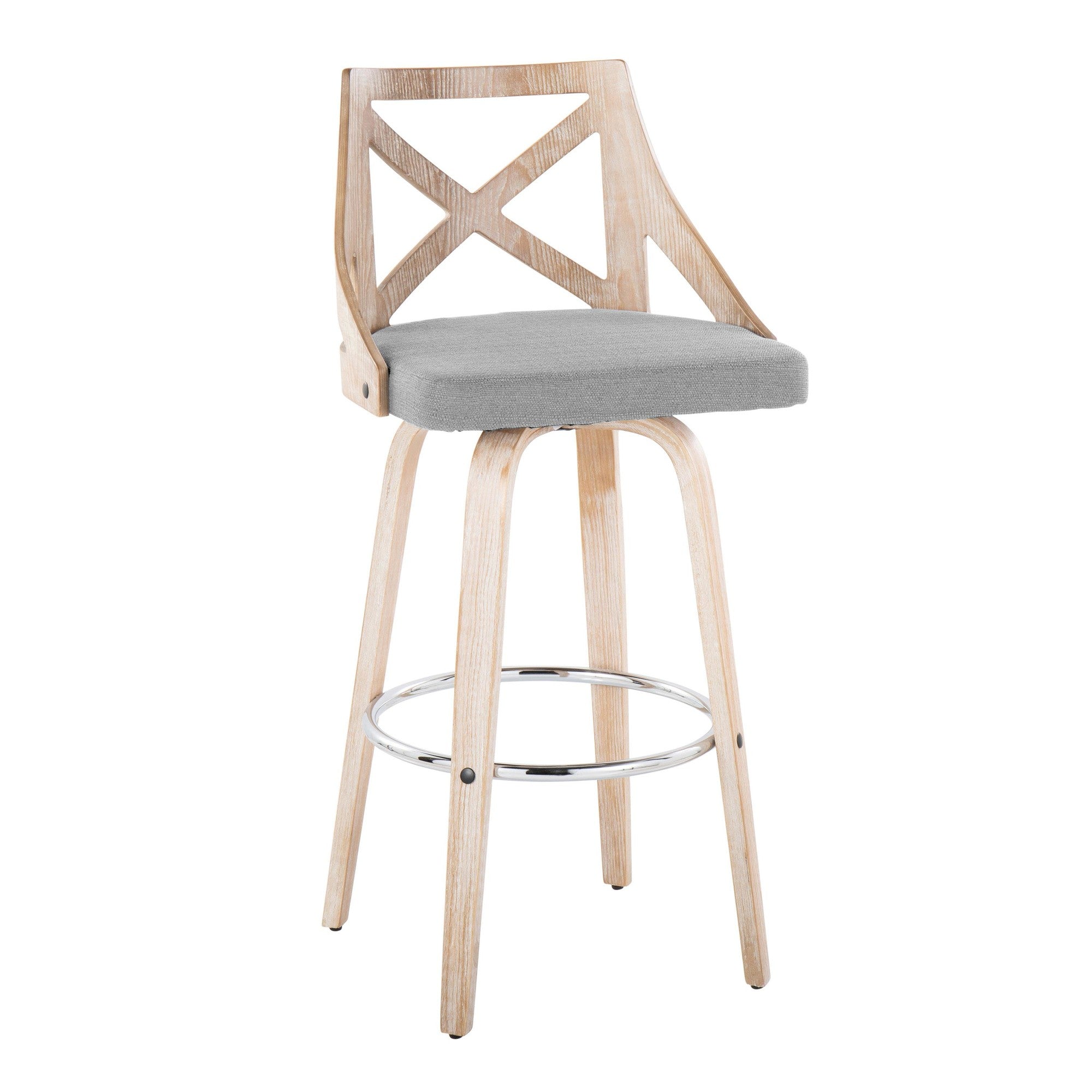 Charlotte 30" Fixed-Height Barstool - Set of 2 - Whitewashed Wood, Chrome Metal, Light Grey Fabric