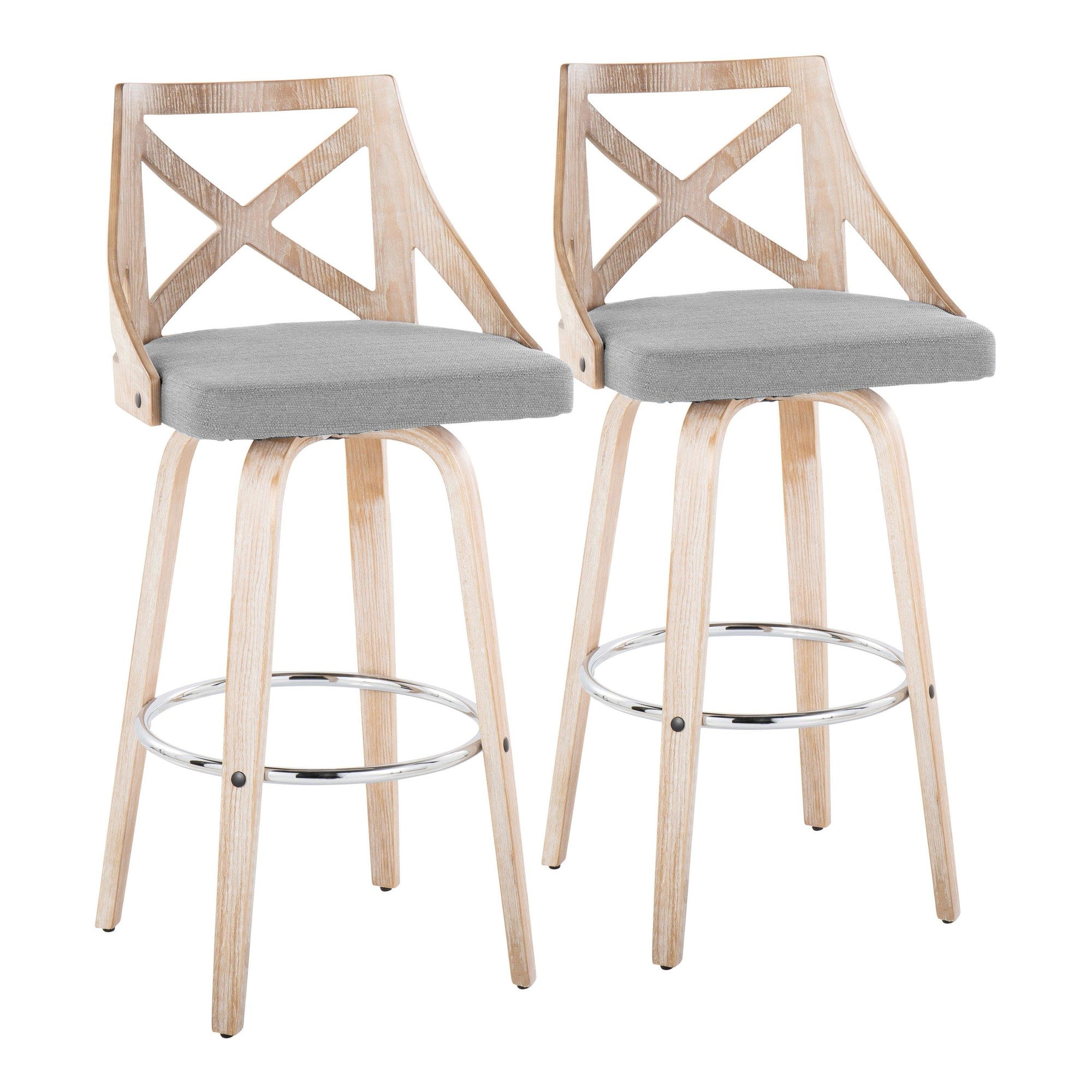 Charlotte 30" Fixed-Height Barstool - Set of 2 - Whitewashed Wood, Chrome Metal, Light Grey Fabric