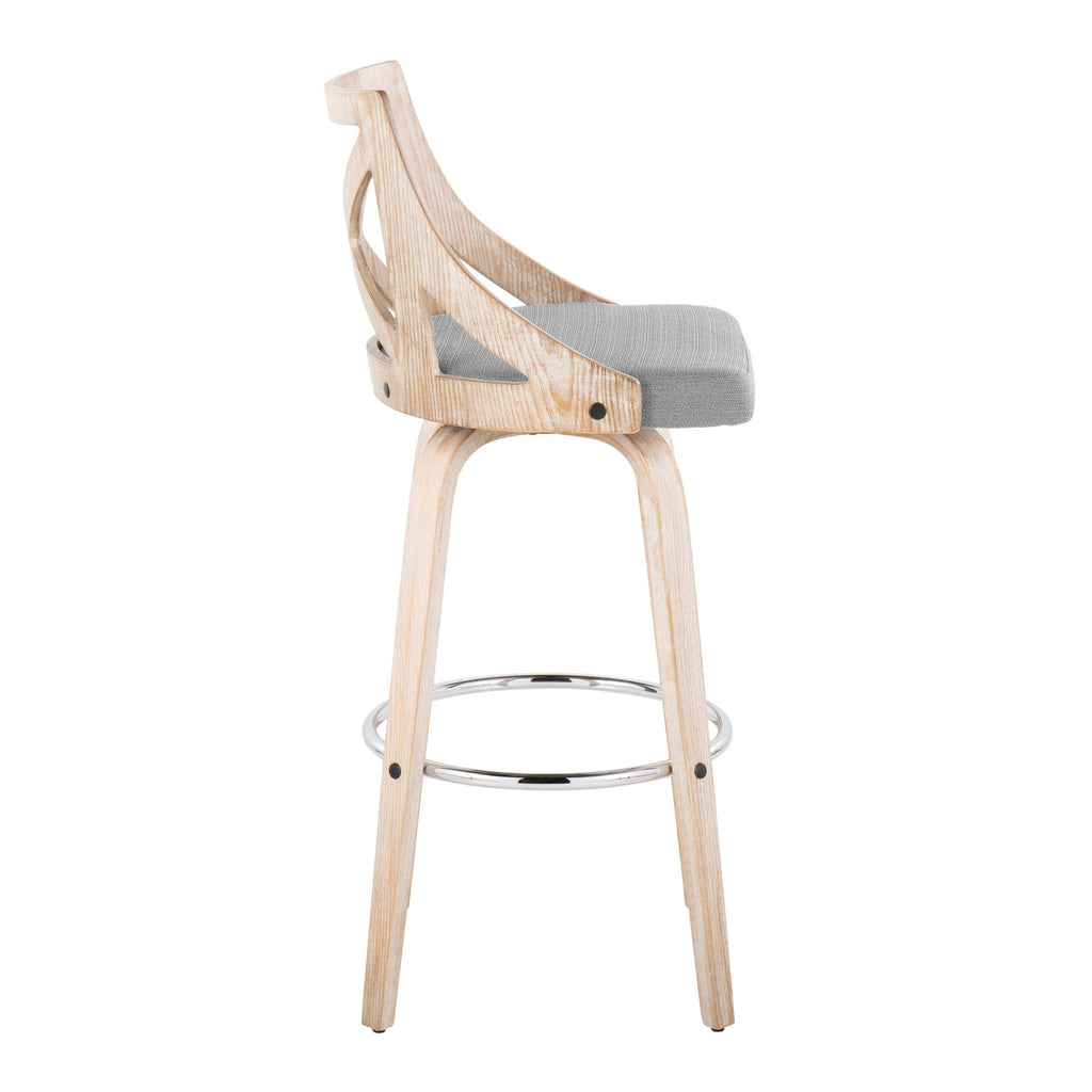 Charlotte 30" Fixed-Height Barstool - Set of 2 - Whitewashed Wood, Chrome Metal, Light Grey Fabric