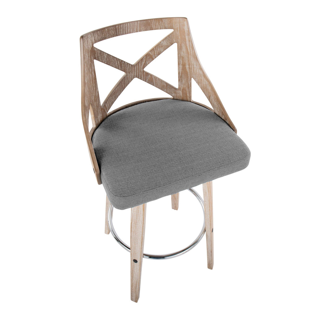 Charlotte 30" Fixed-Height Barstool - Set of 2 - Whitewashed Wood, Chrome Metal, Light Grey Fabric