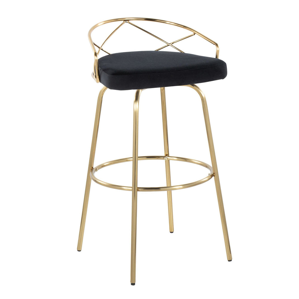 Charlotte Glam 30" Fixed-Height Barstool - Set of 2 - Gold Metal, Black Velvet