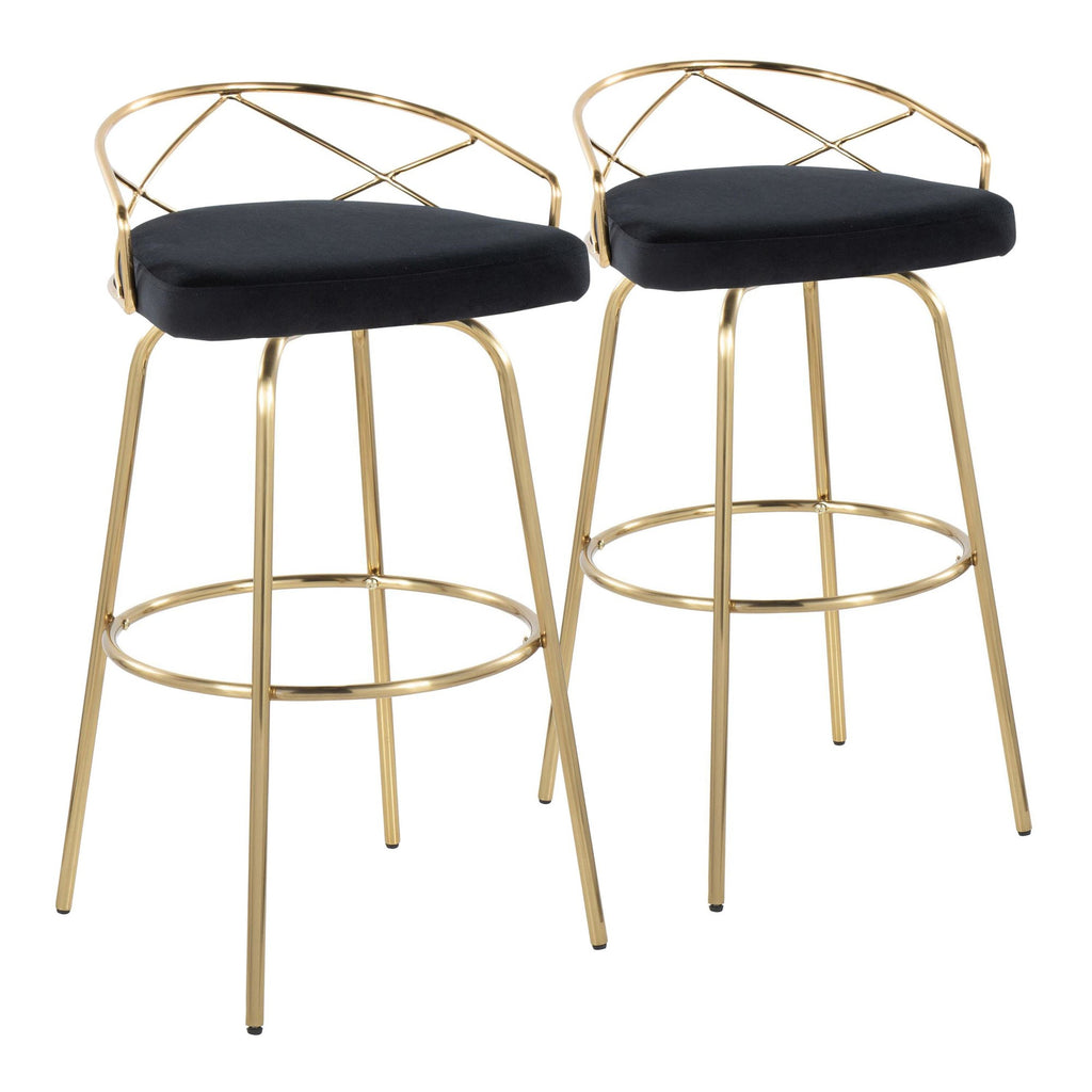 Charlotte Glam 30" Fixed-Height Barstool - Set of 2 - Gold Metal, Black Velvet