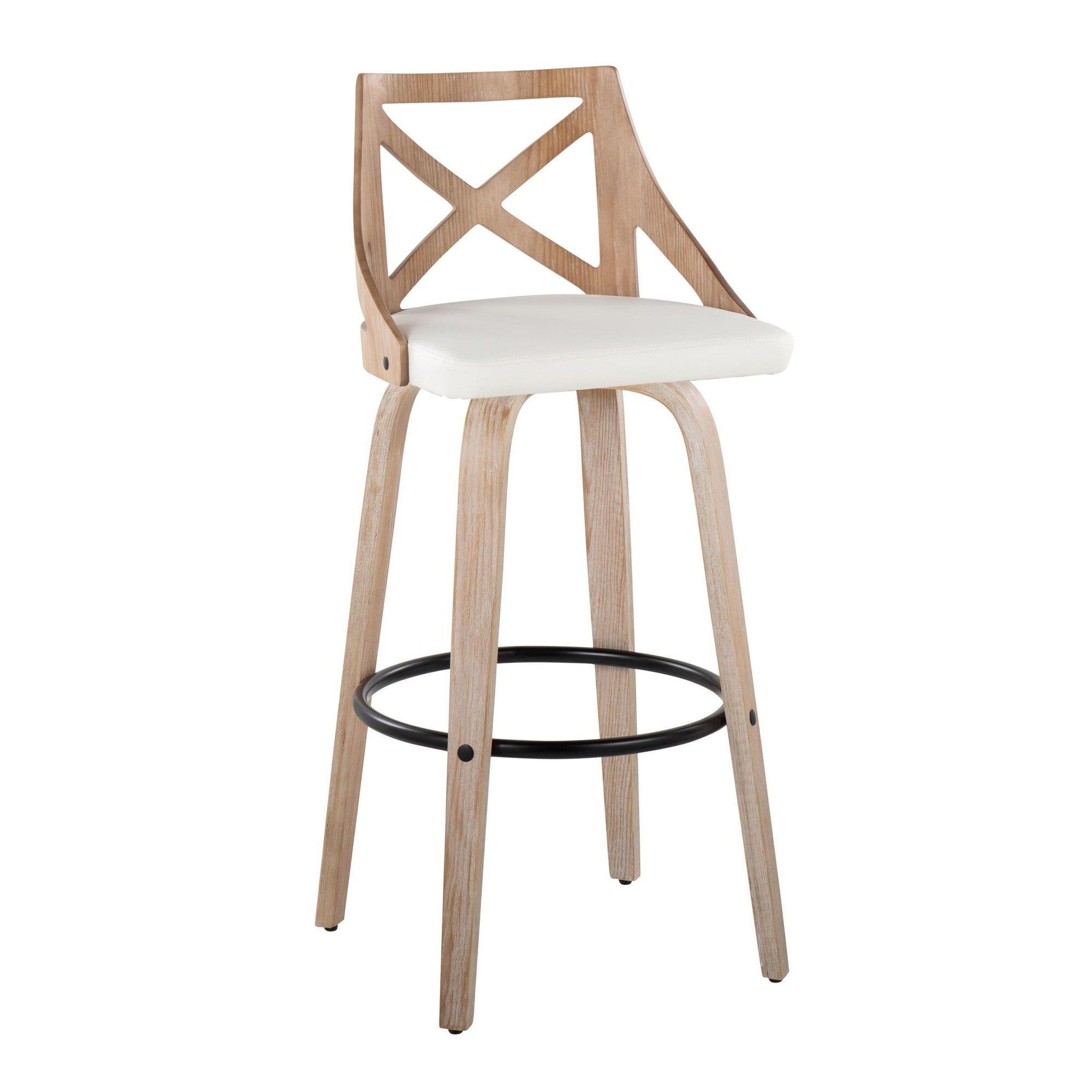 Charlotte 30" Fixed-Height Barstool - Set of 2 - Whitewashed Wood, White PU, Black Metal