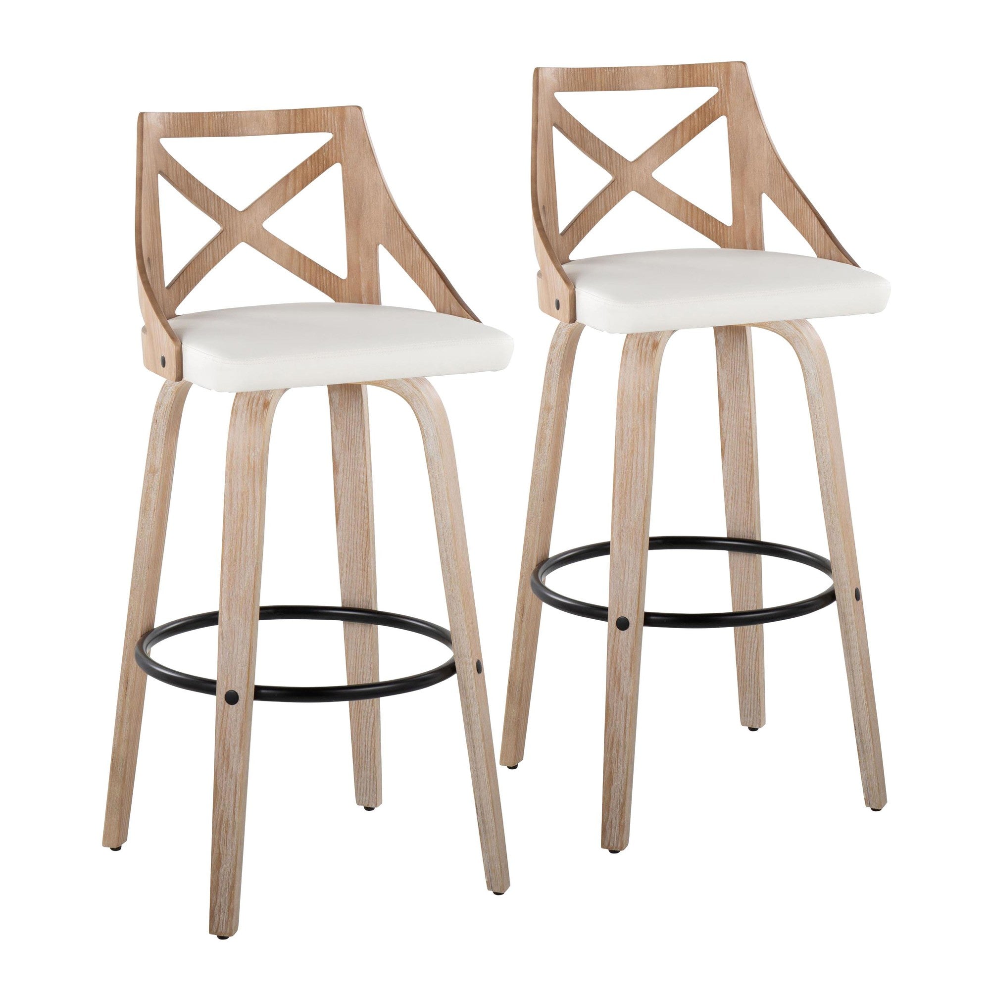 Charlotte 30" Fixed-Height Barstool - Set of 2 - Whitewashed Wood, White PU, Black Metal