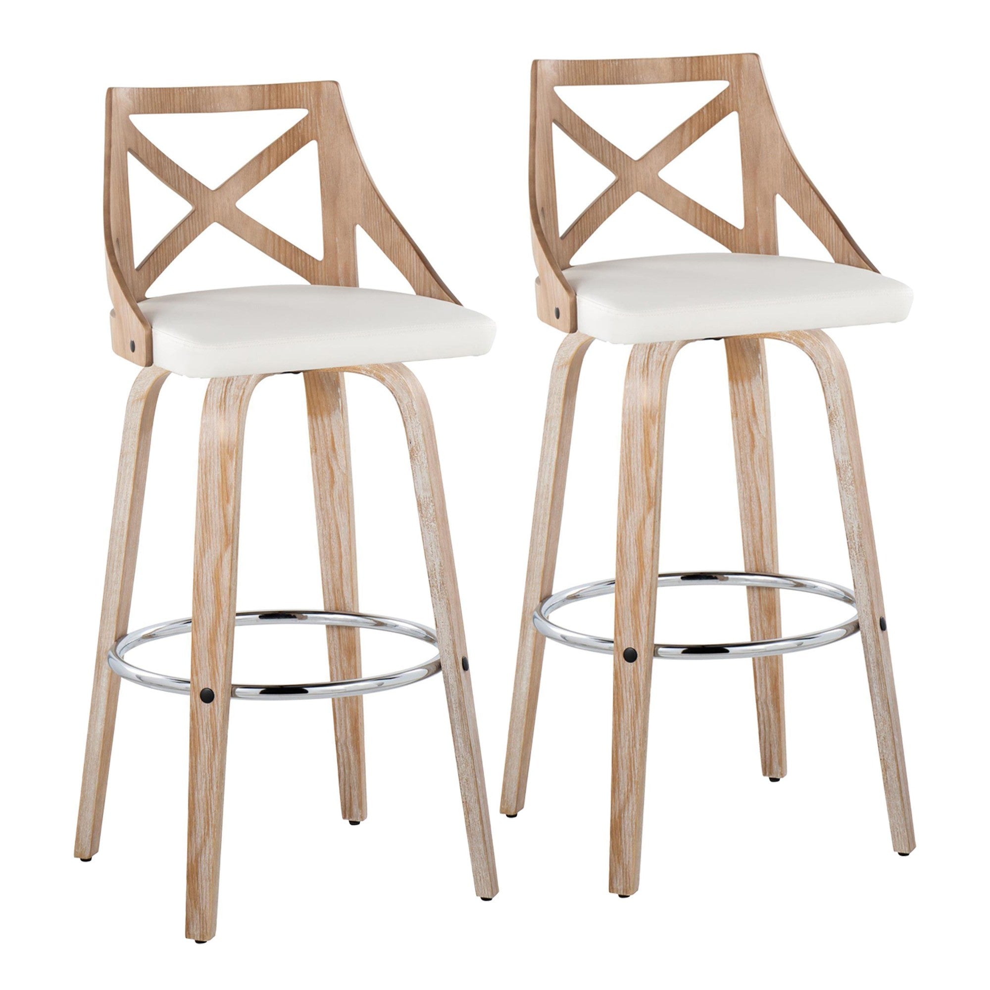 Charlotte 30" Fixed-Height Barstool - Set of 2 - Whitewashed Wood, White PU, Chrome Metal
