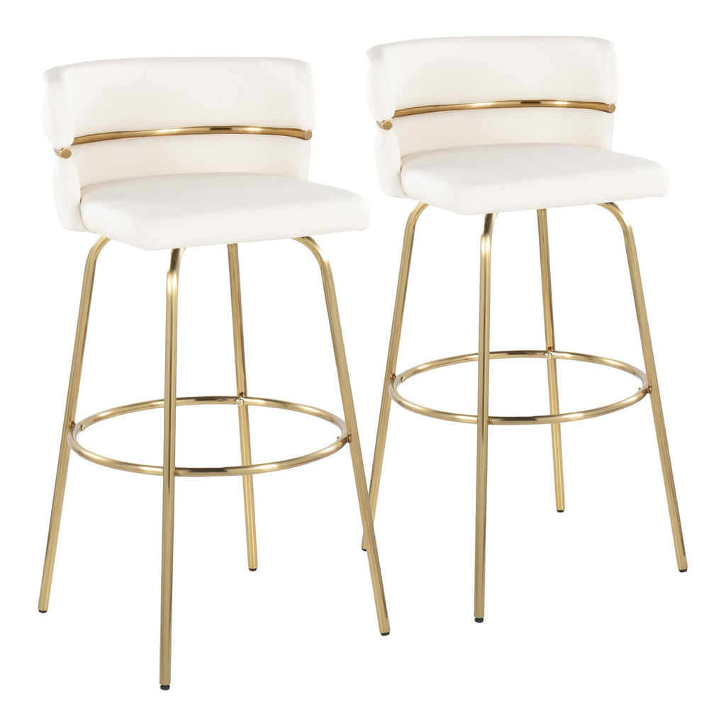 Cinch Claire 30" Fixed-Height Barstool - Set of 2 - Gold Metal, White PU