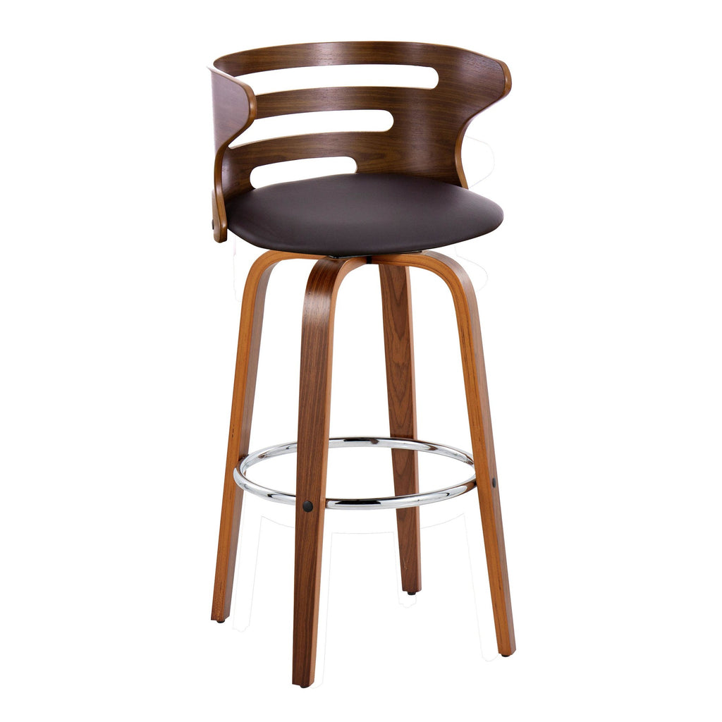 Cosini 30" Fixed-Height Barstool - Set of 2 - Walnut Wood, Brown PU, Chrome Metal