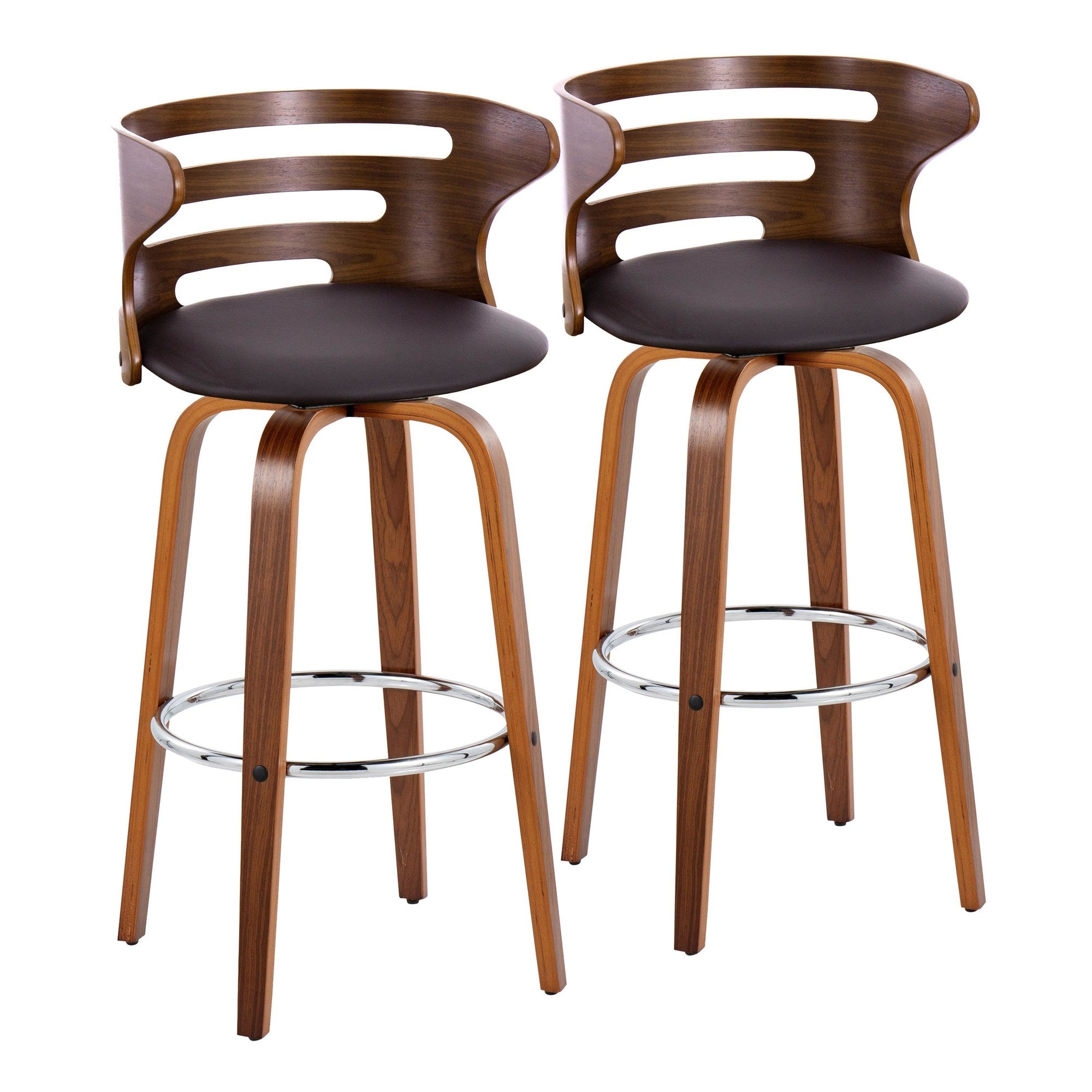 Cosini 30" Fixed-Height Barstool - Set of 2 - Walnut Wood, Brown PU, Chrome Metal