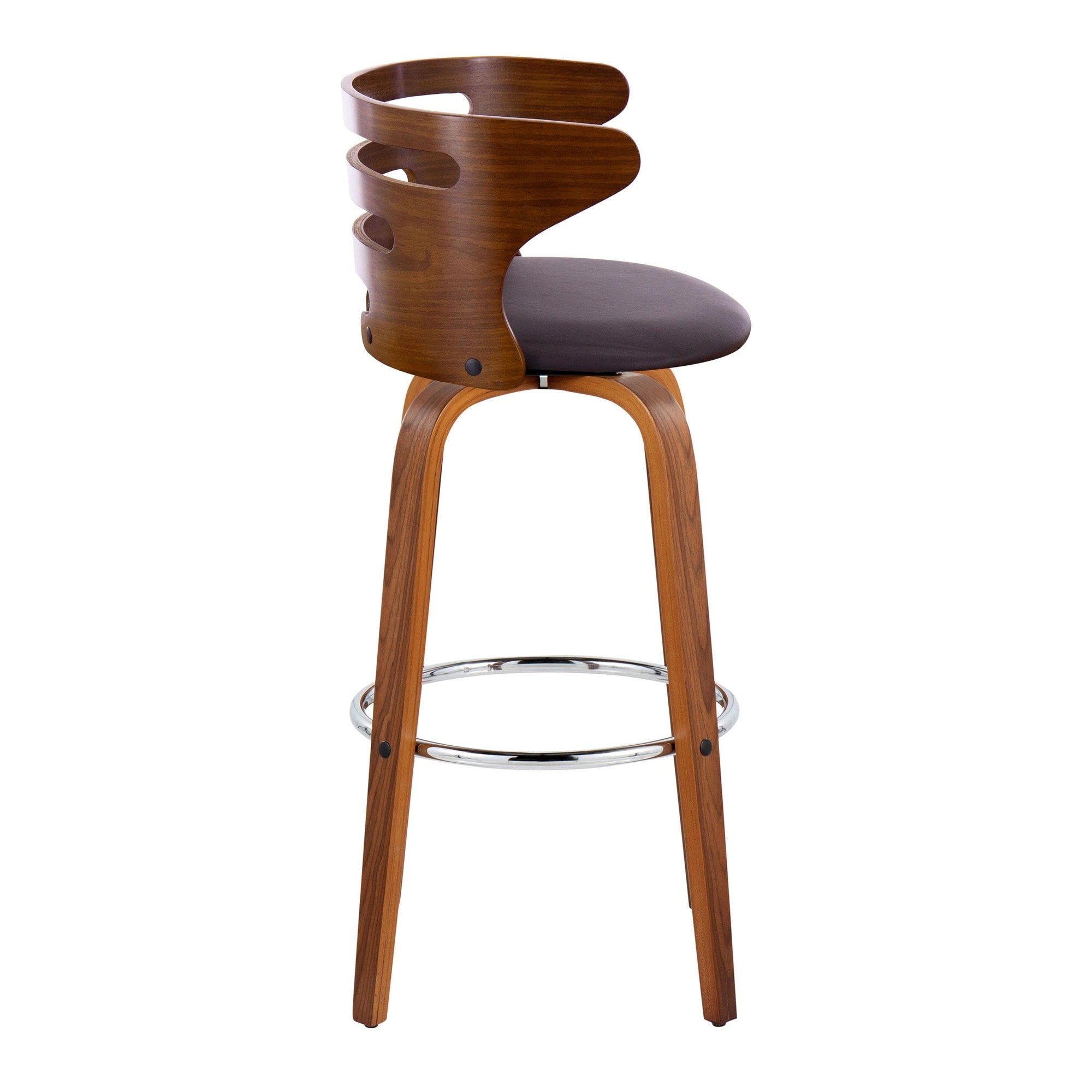Cosini 30" Fixed-Height Barstool - Set of 2 - Walnut Wood, Brown PU, Chrome Metal