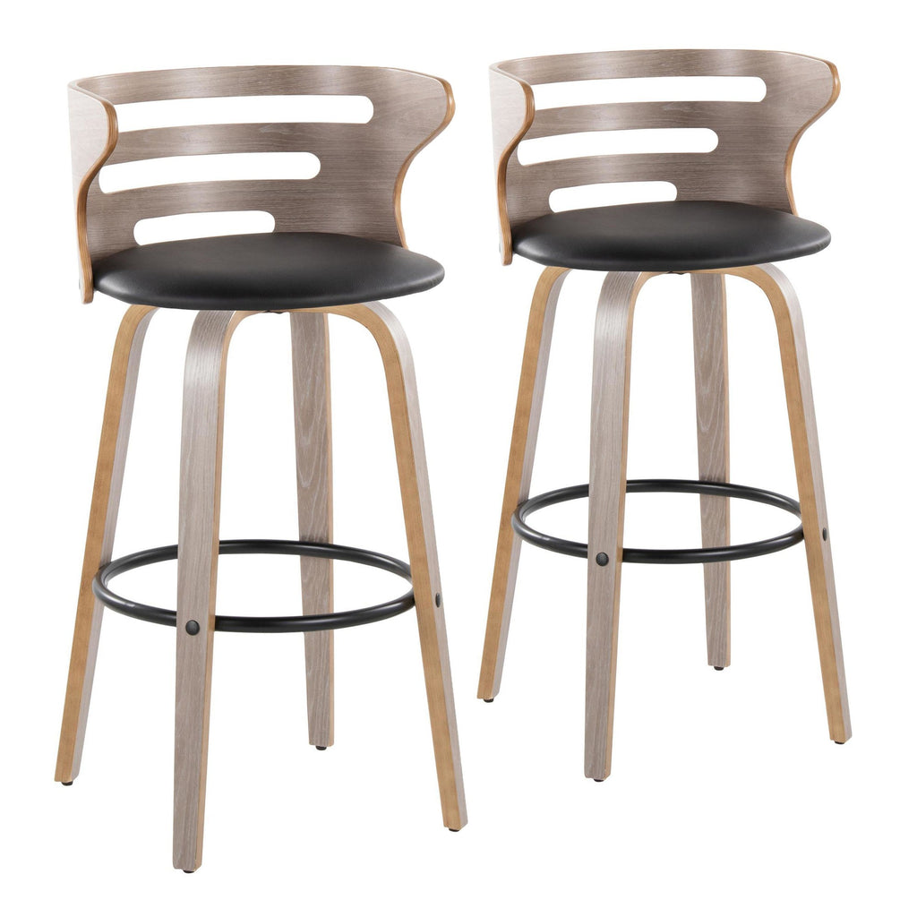 Cosini 30" Fixed-Height Barstool - Set of 2 - Light Grey Wood, Black Metal, Black PU