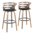 Cosini 30" Fixed-Height Barstool - Set of 2 - Light Grey Wood, Black Metal, Black PU