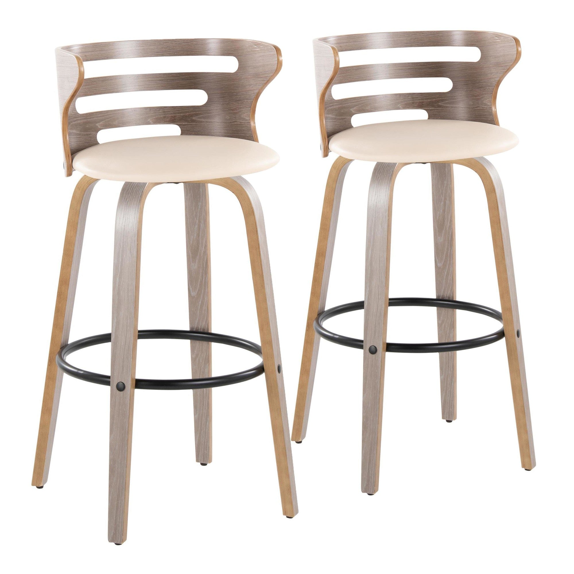 Cosini 30" Fixed-Height Barstool - Set of 2 - Light Grey Wood, Black Metal, Cream PU