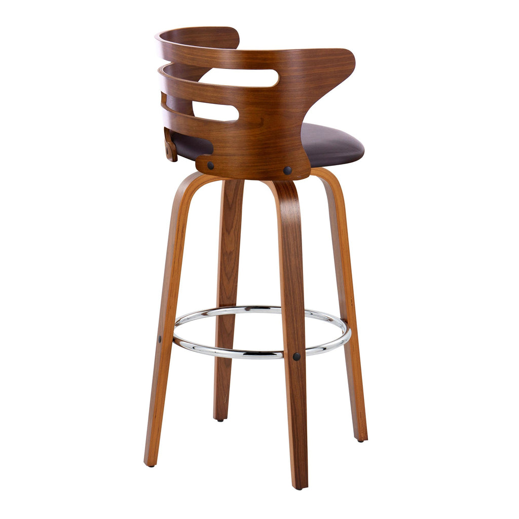 Cosini 30" Fixed-Height Barstool - Set of 2 - Walnut Wood, Brown PU, Chrome Metal